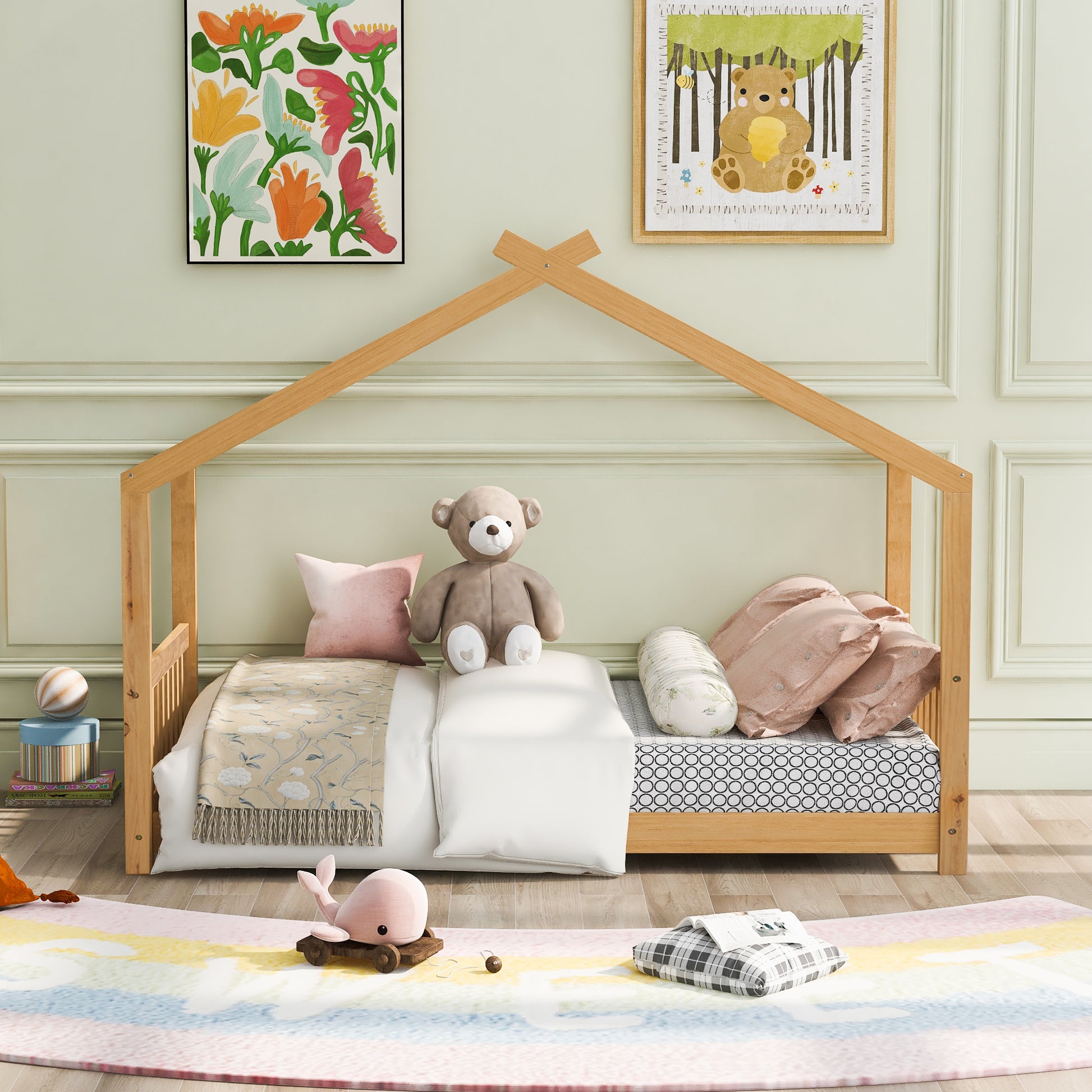 Wooden house bed frame with stuffed bear on bed