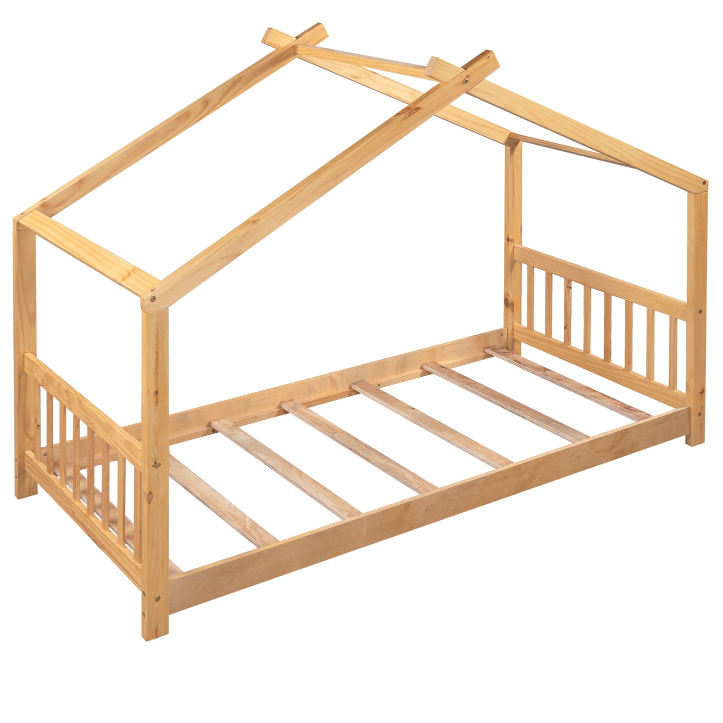 Natural wood twin house bed frame with slatted base and roof structure