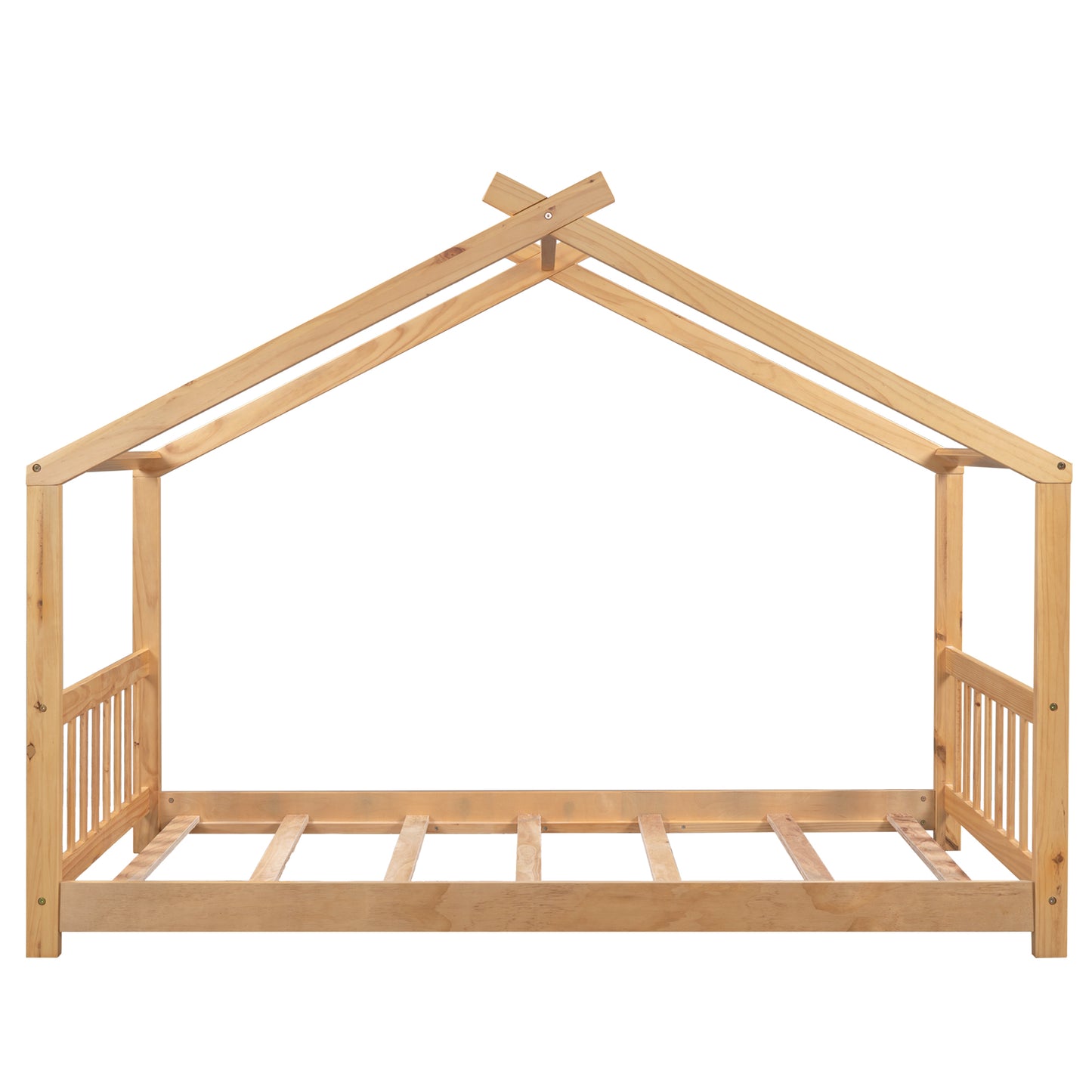 Natural wood house bed frame for kids featuring a slatted base and sturdy pine construction