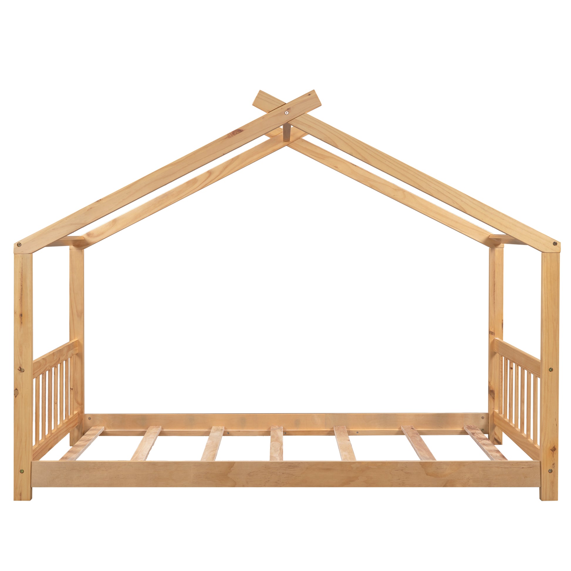 Natural wood house bed frame for kids featuring a slatted base and sturdy pine construction