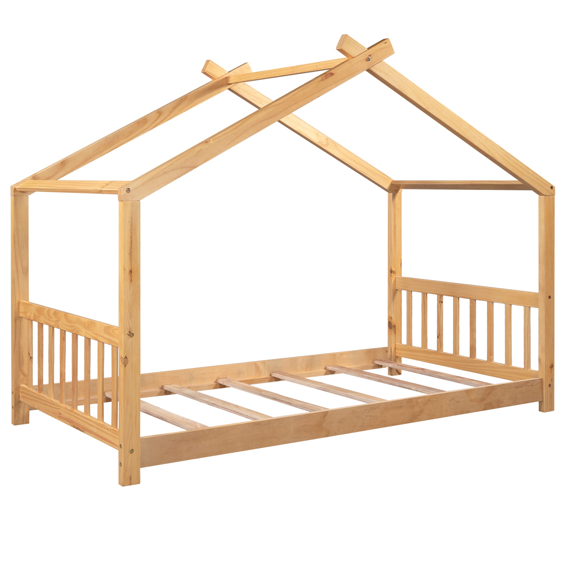 Natural pine wood house bed frame for kids