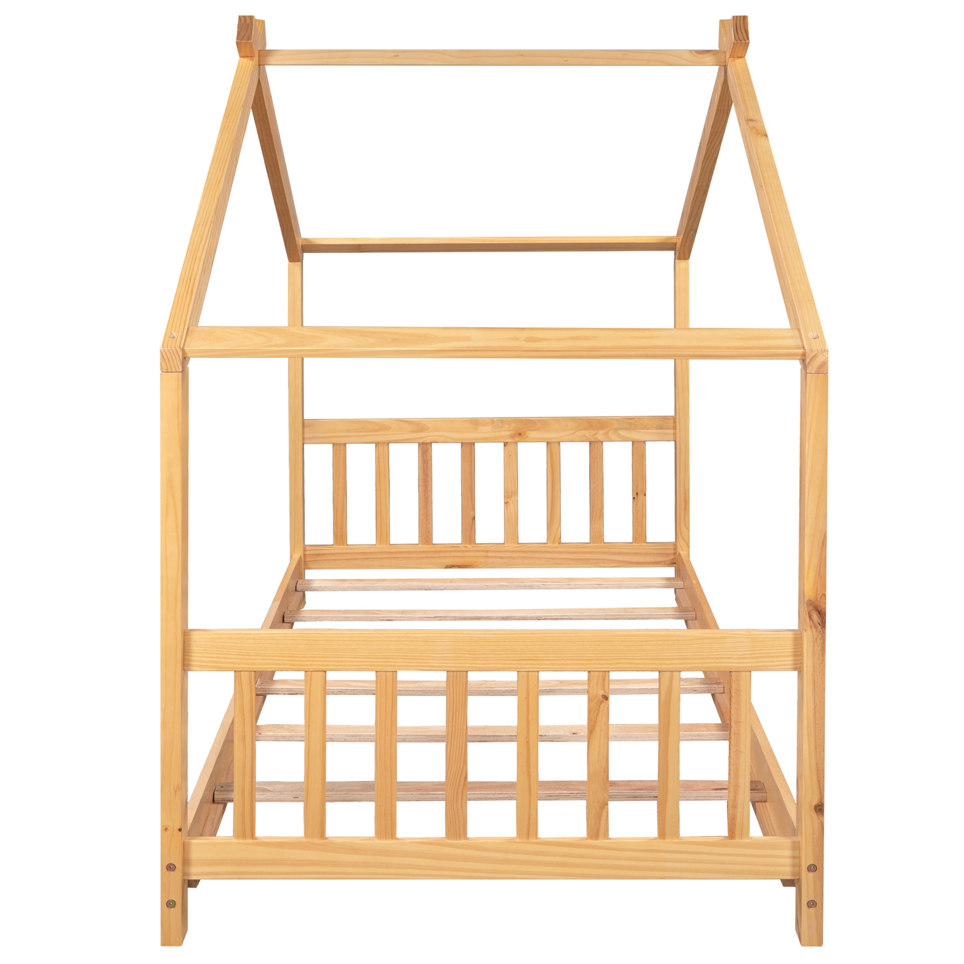 Natural wood twin house bed frame with safety rails