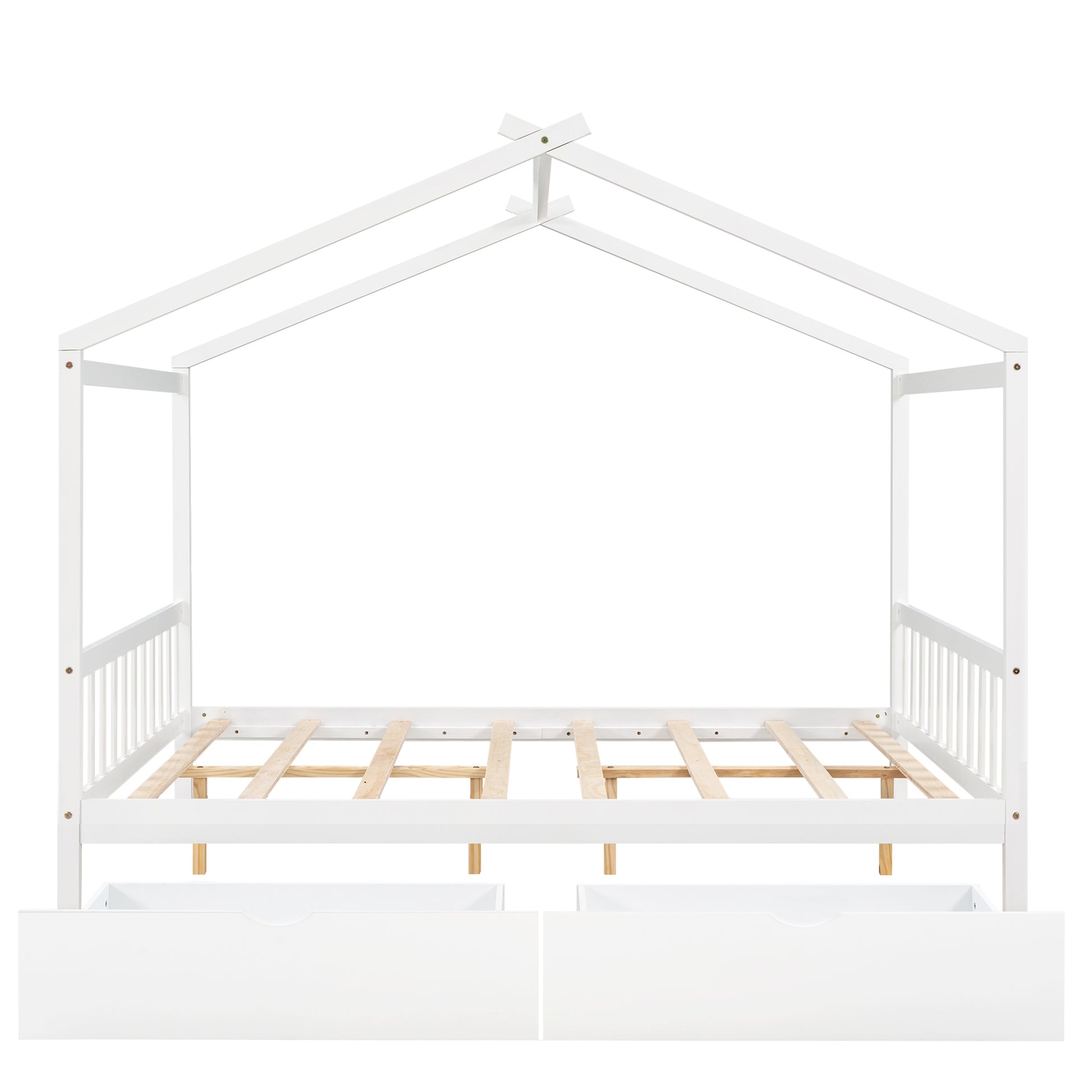 White wooden house bed frame with slatted base and two drawers
