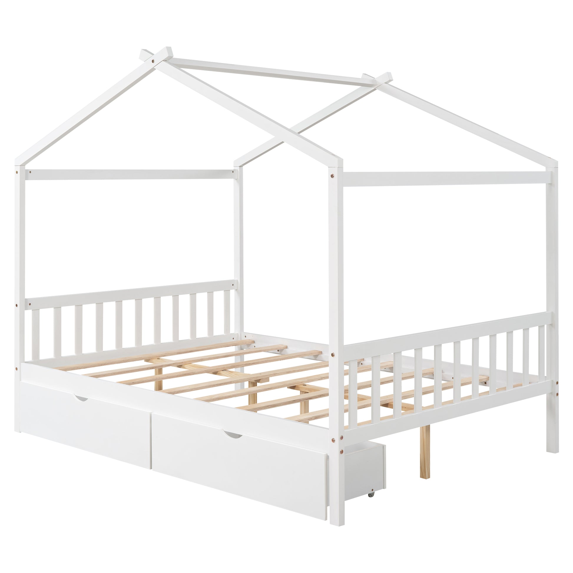 White wooden house bed frame with slatted base and two storage drawers