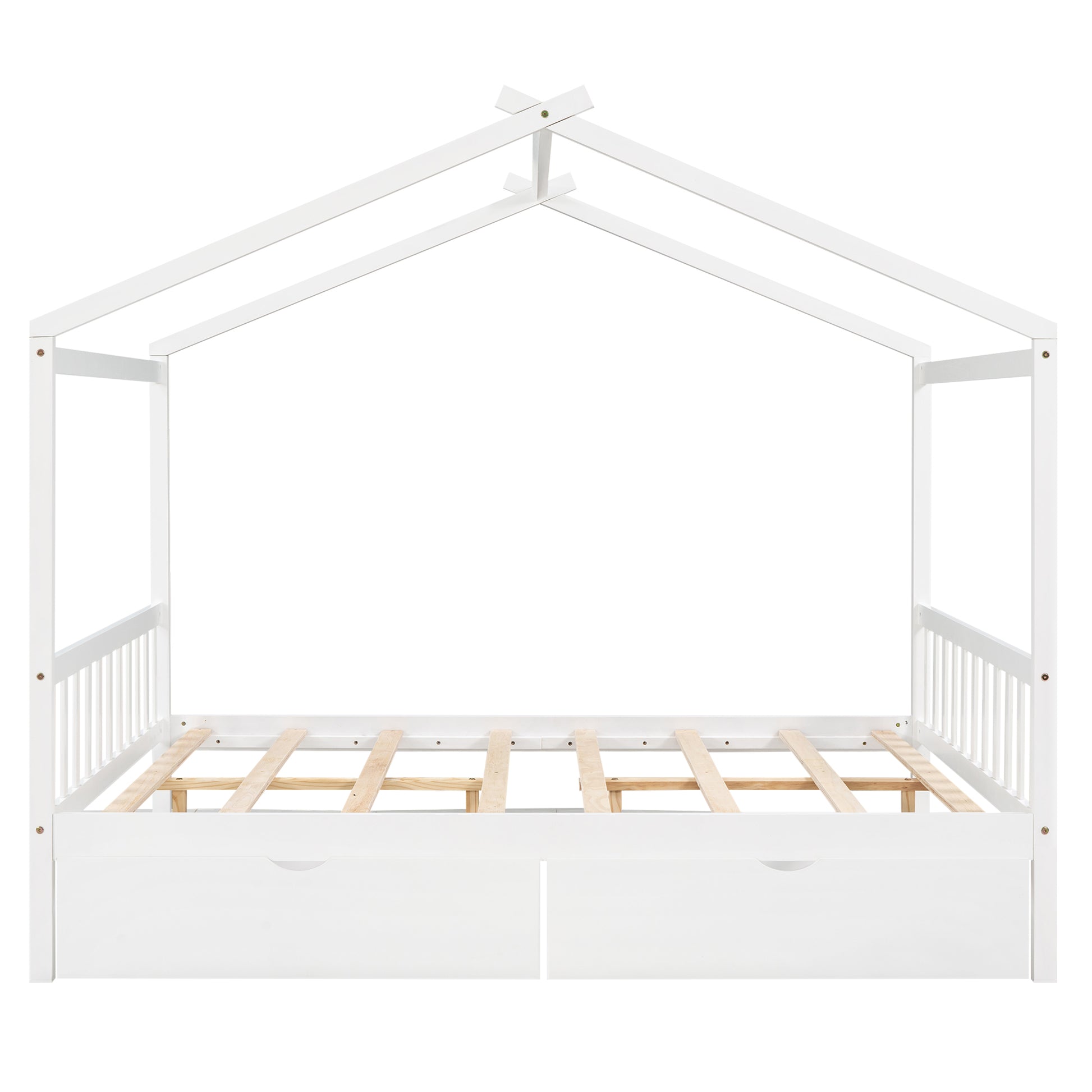 White wooden house bed frame with canopy and two drawers