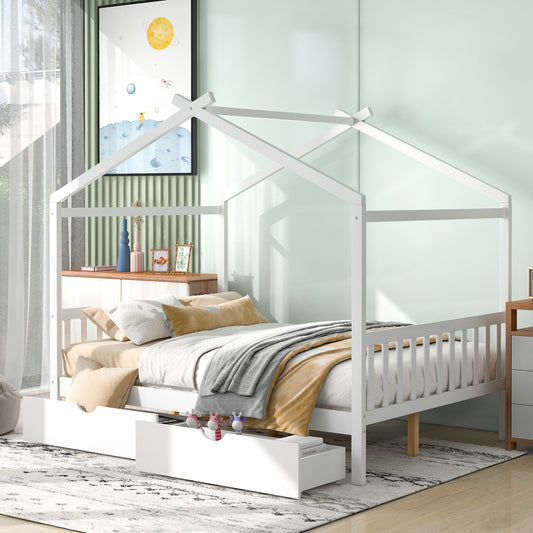 White wooden house bed frame with drawers for kids