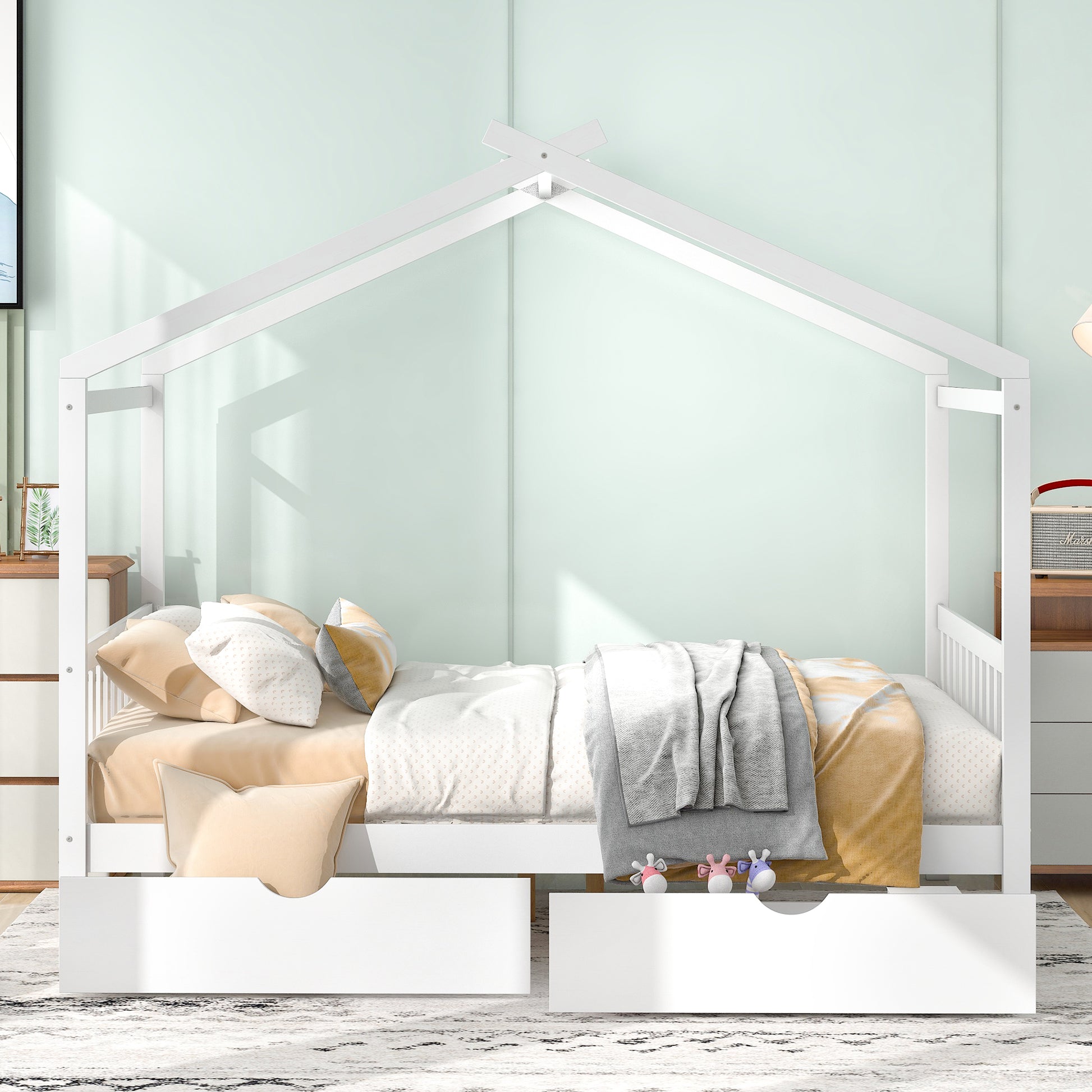 White wooden house bed frame with storage drawers and bedding