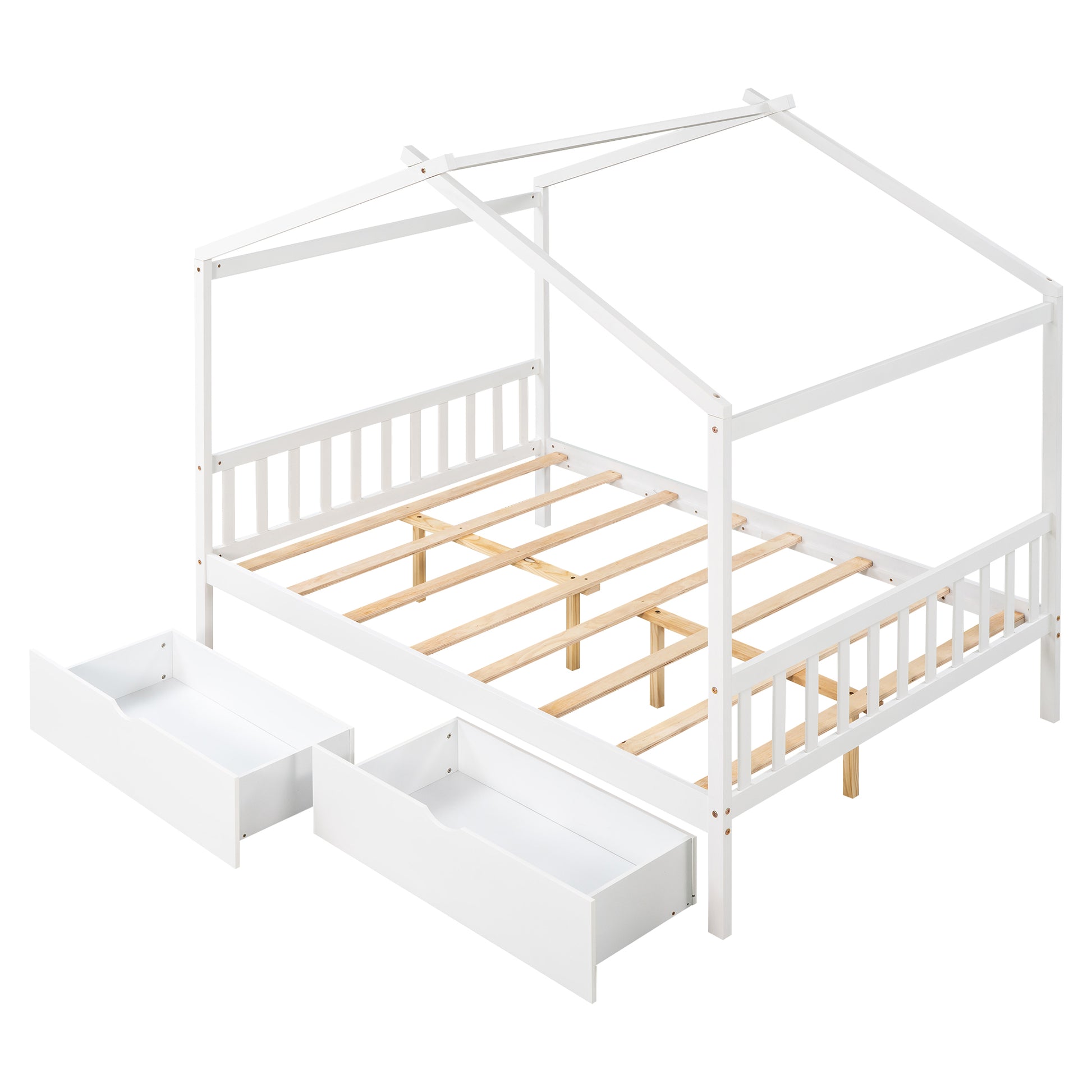 White wooden house bed frame with integrated drawers and slatted base