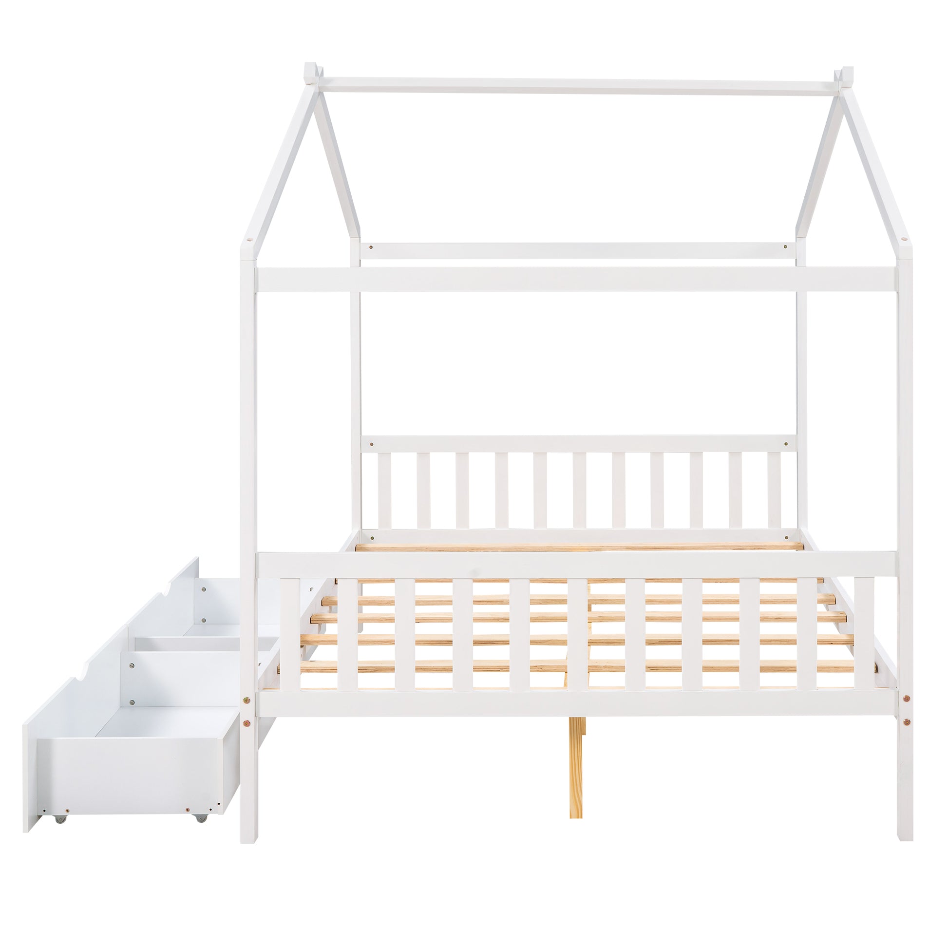 White wooden house bed frame with integrated drawer stairs