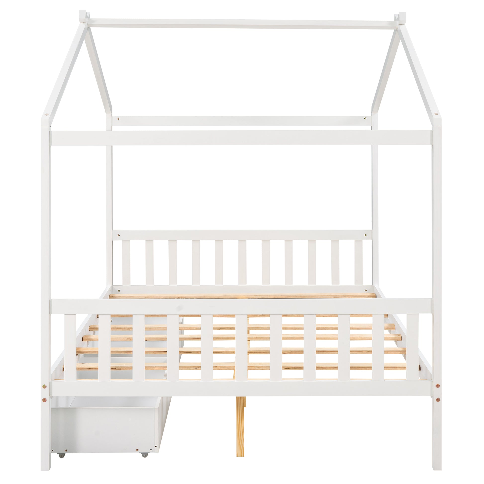 White wooden house bed frame with slatted base and integrated storage drawer