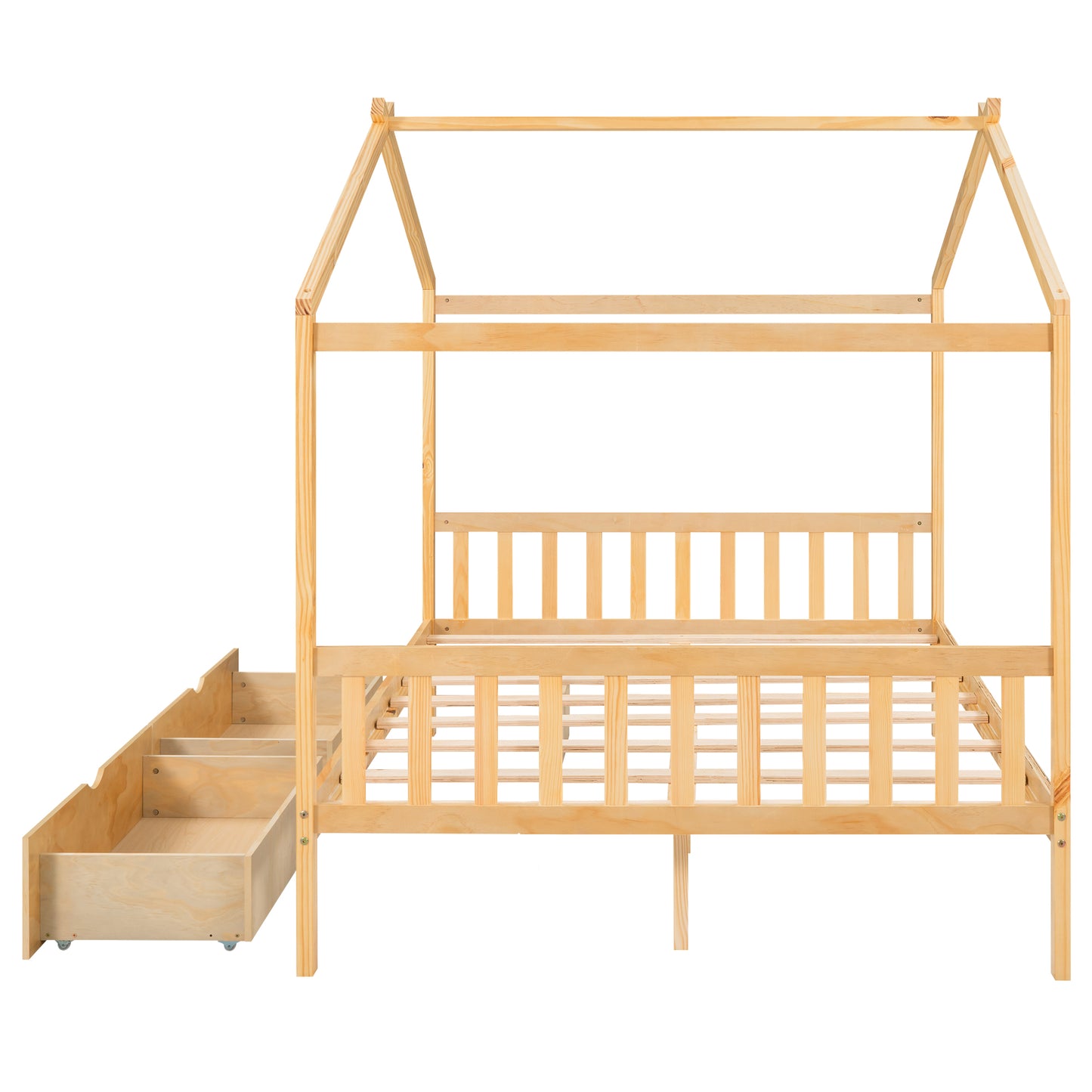 Natural wood twin house bed frame with integrated drawers