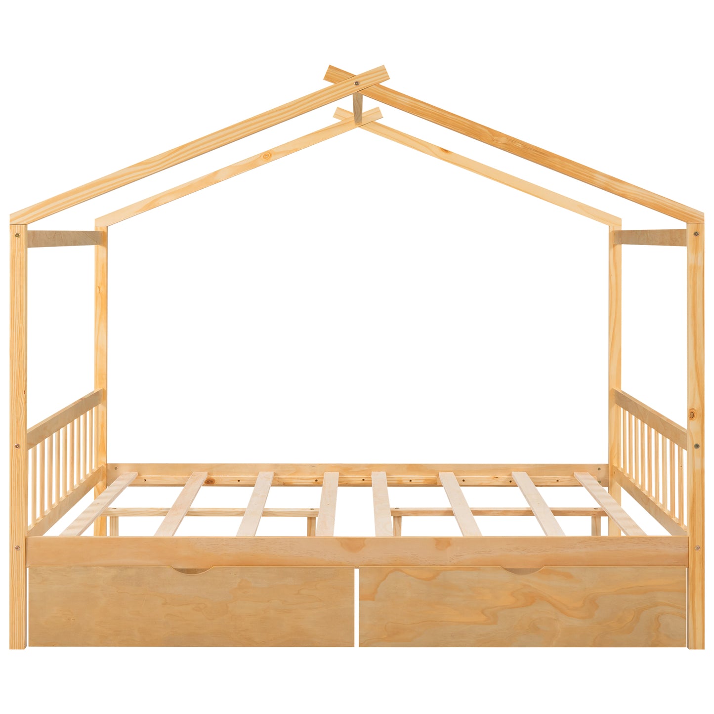 Natural pine wood house bed frame with two drawers