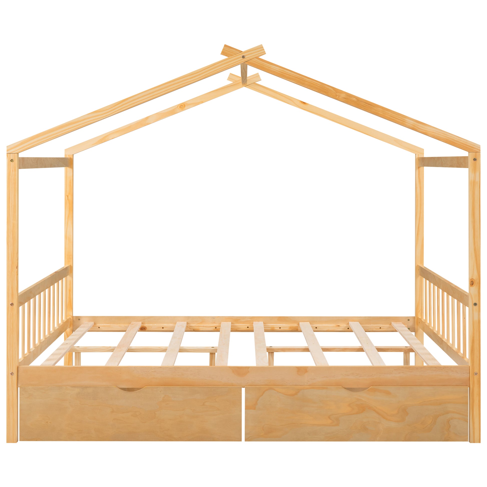 Natural pine wood house bed frame with two drawers
