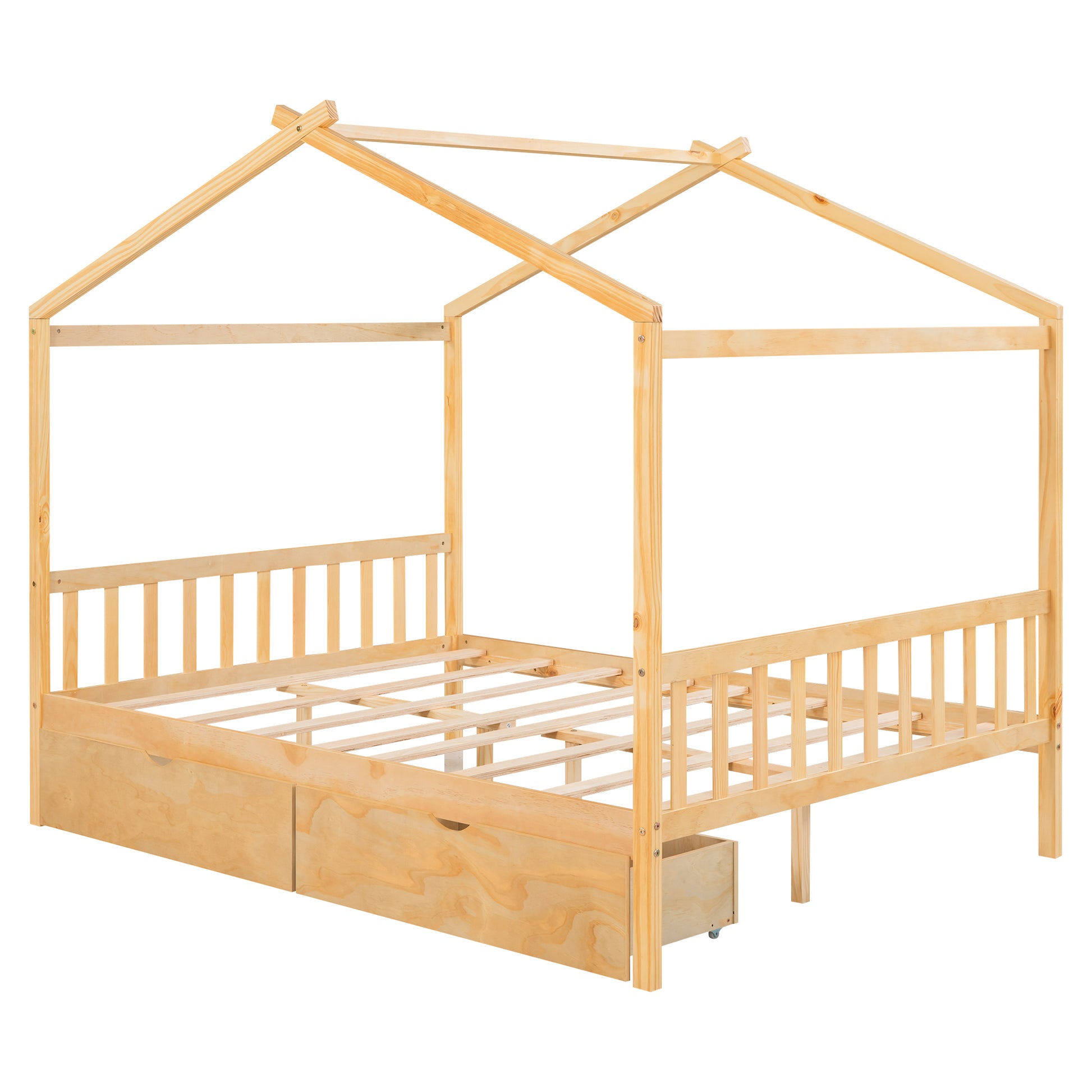 Natural wood twin house bed frame with drawers