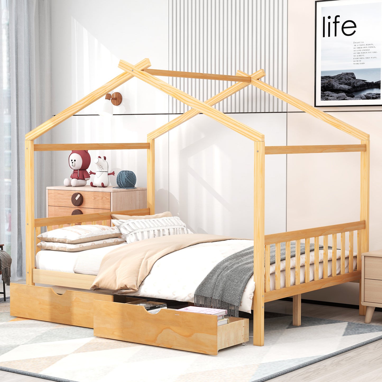 Natural pine wood house bed frame with mattress and storage drawers