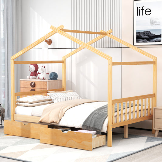 Natural pine wood house bed frame with mattress and storage drawers