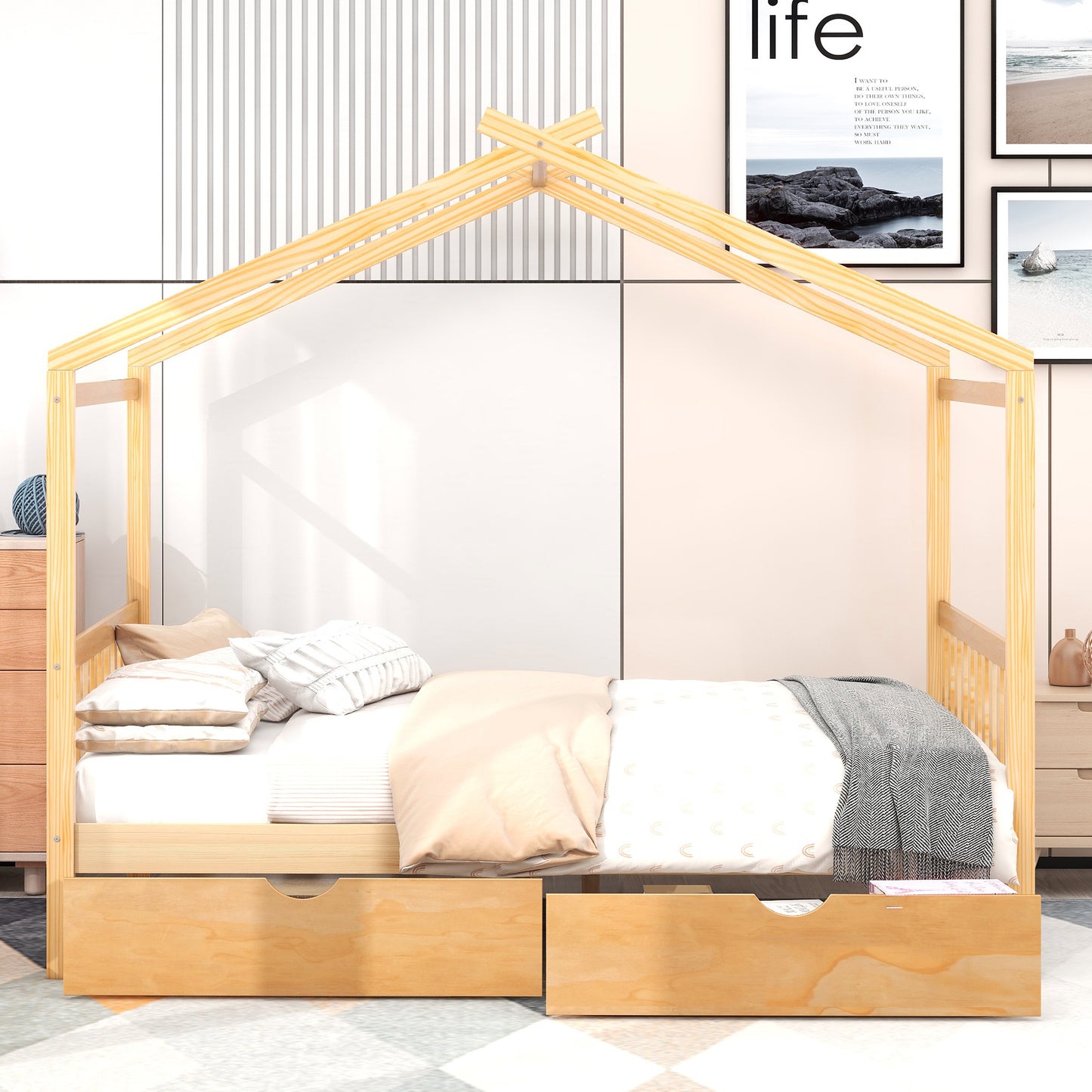 Natural pine wood house bed frame with two drawers for kids