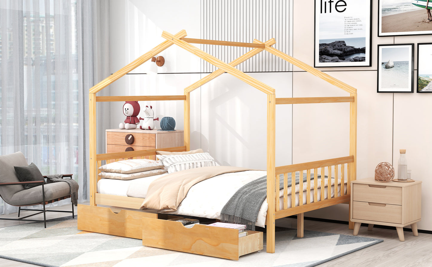 Natural wood house bed frame with builtin drawers for kids bedroom