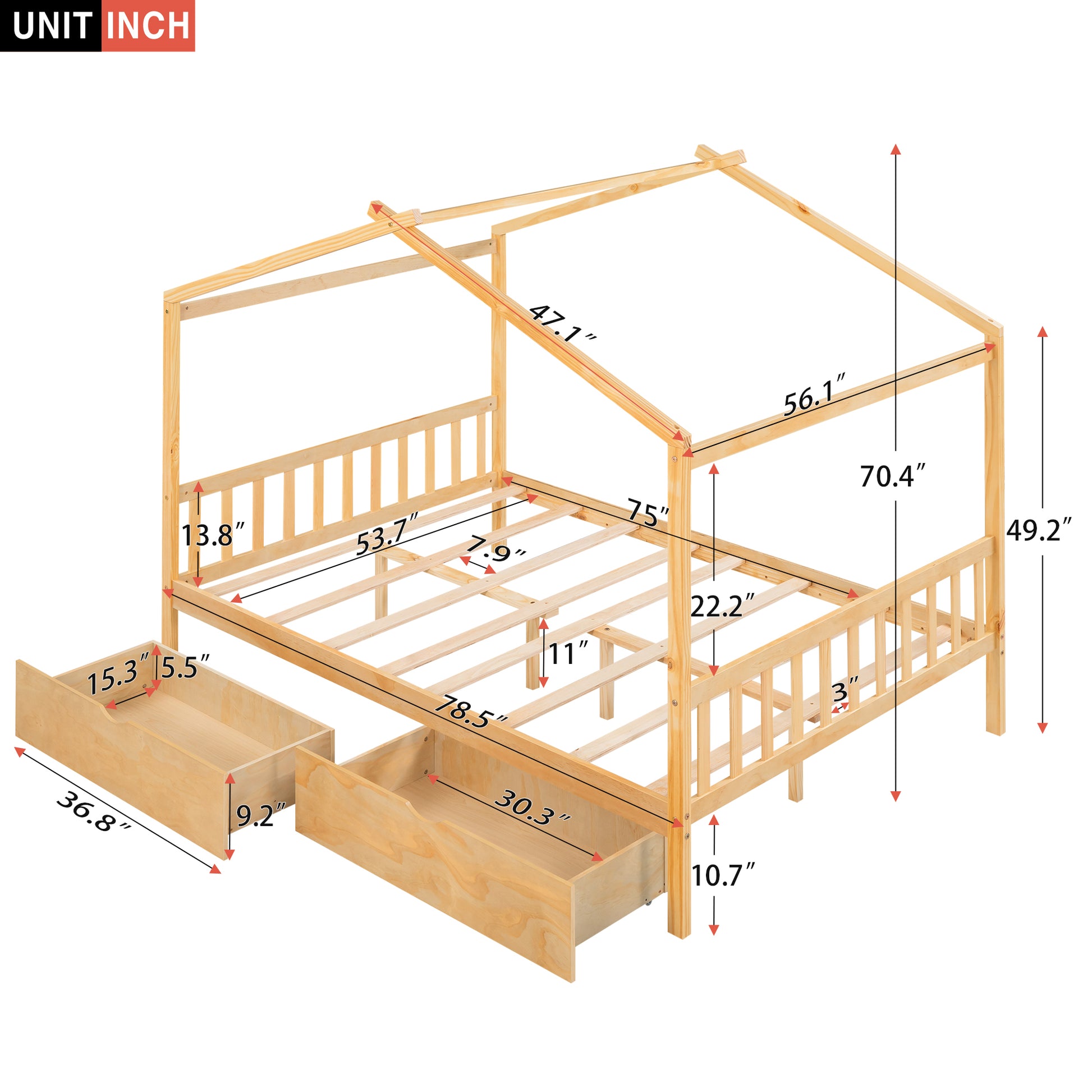 Natural wood house bed frame with two underbed storage drawers