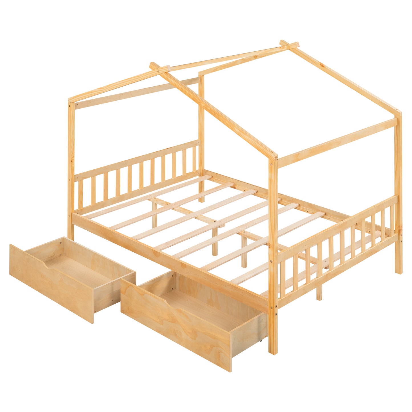 Natural wood canopy bed frame with two drawers
