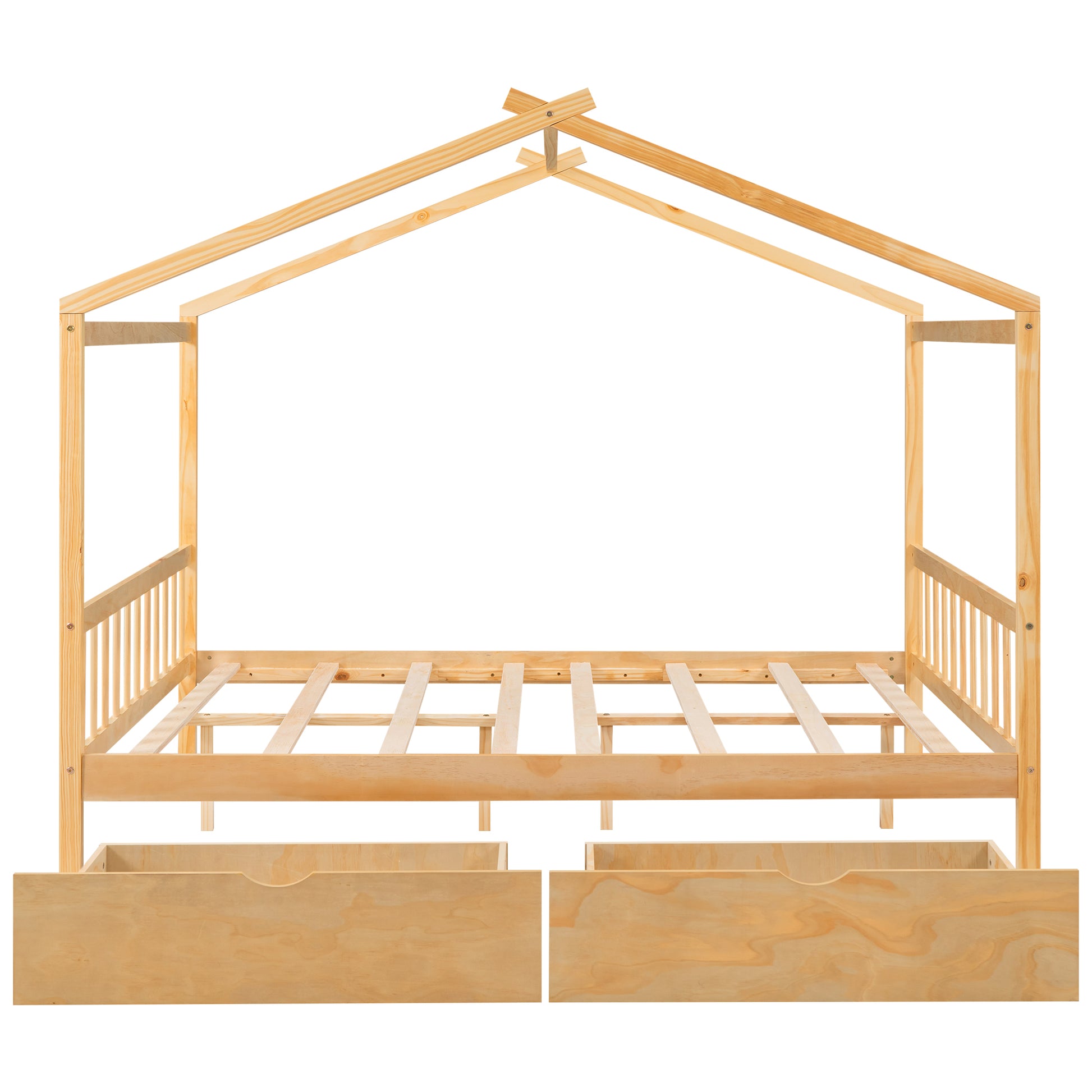Natural wood twin house bed frame with two drawers