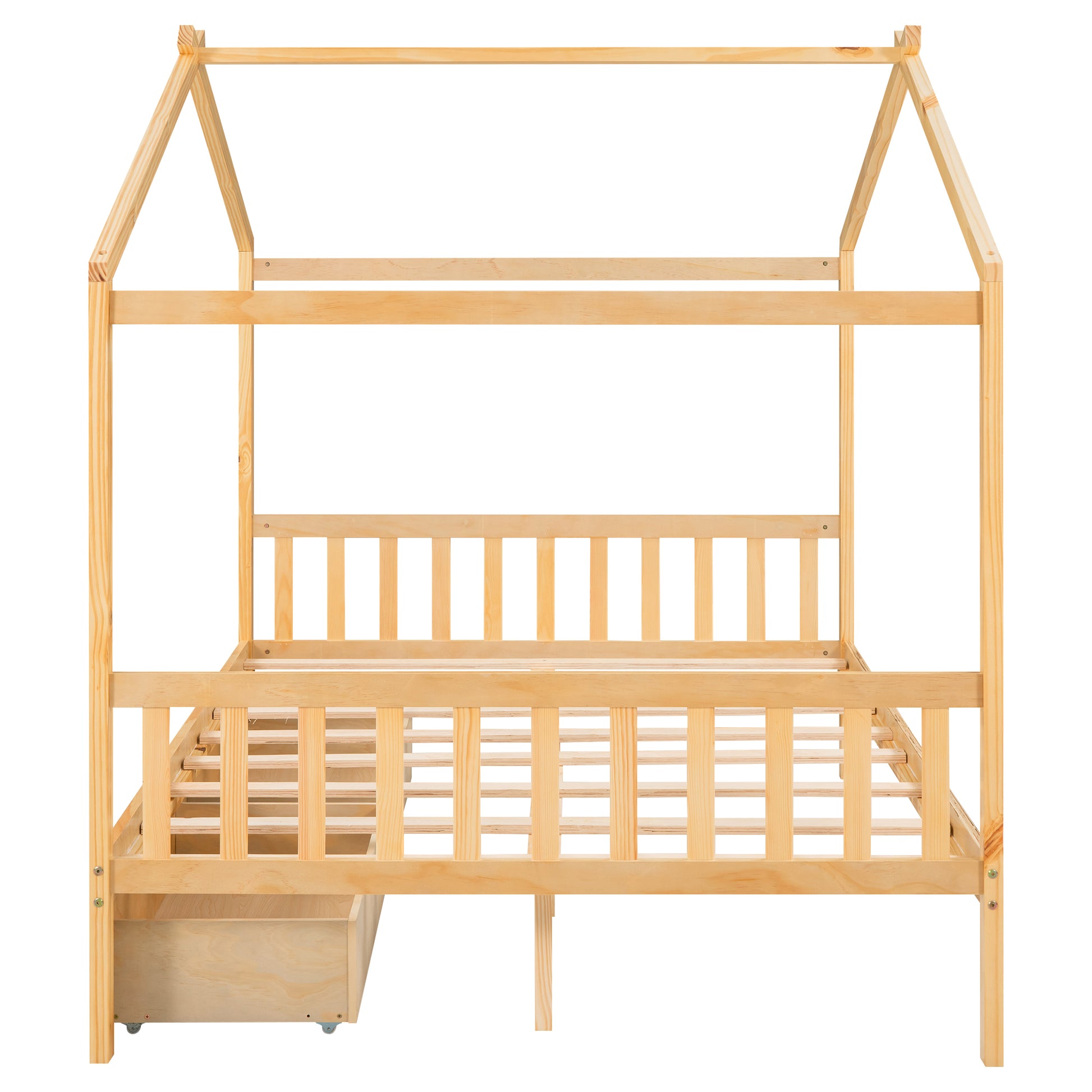 Natural pine wood toddler bed frame with houseshaped canopy and pullout drawer