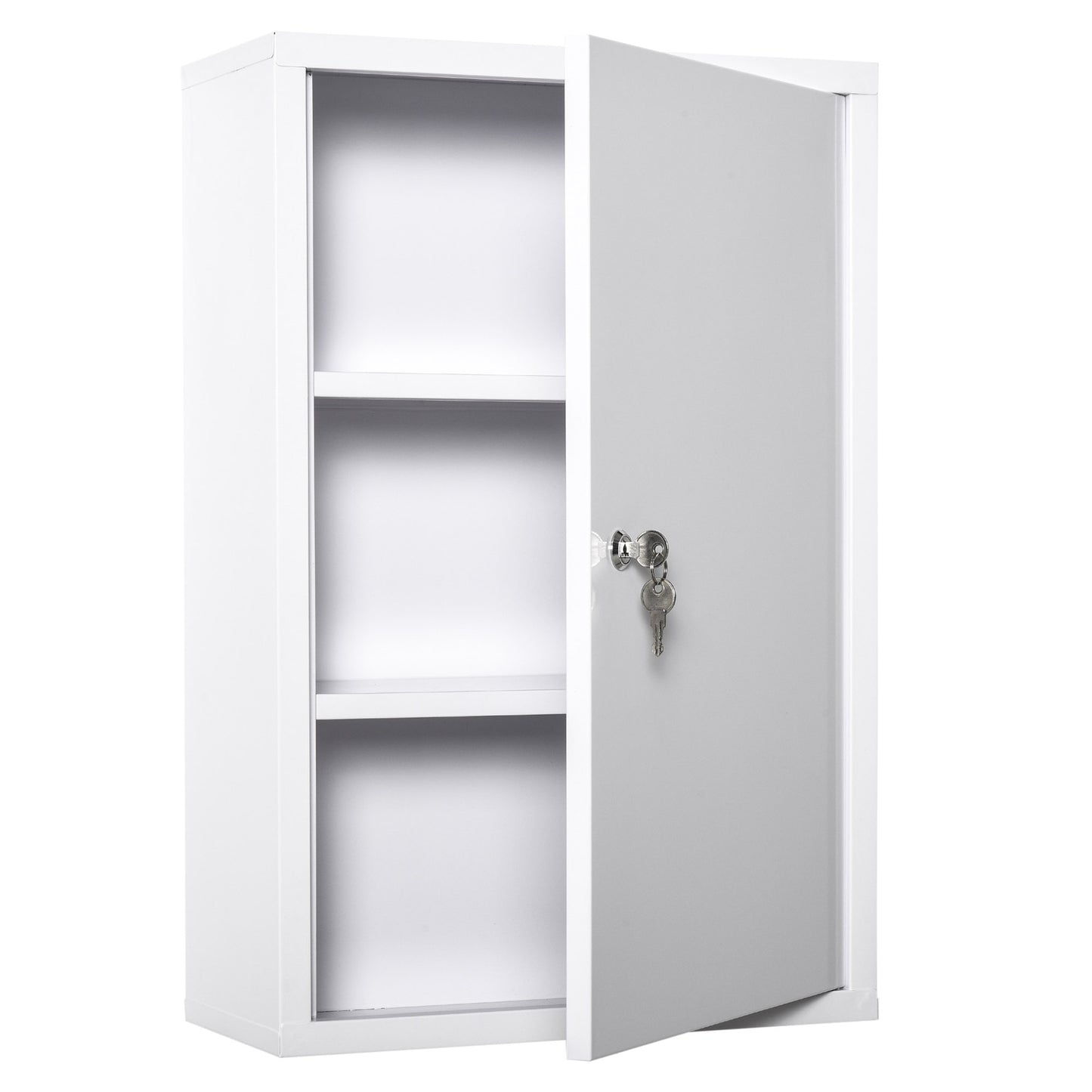 White metal storage cabinet with two shelves