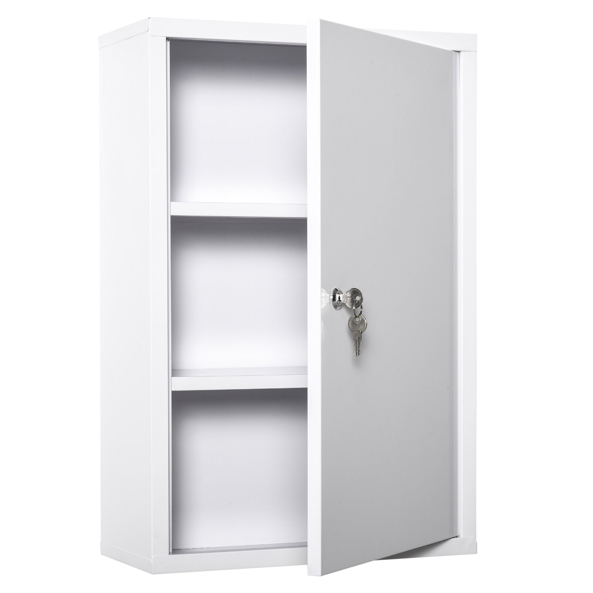 White metal storage cabinet with two shelves