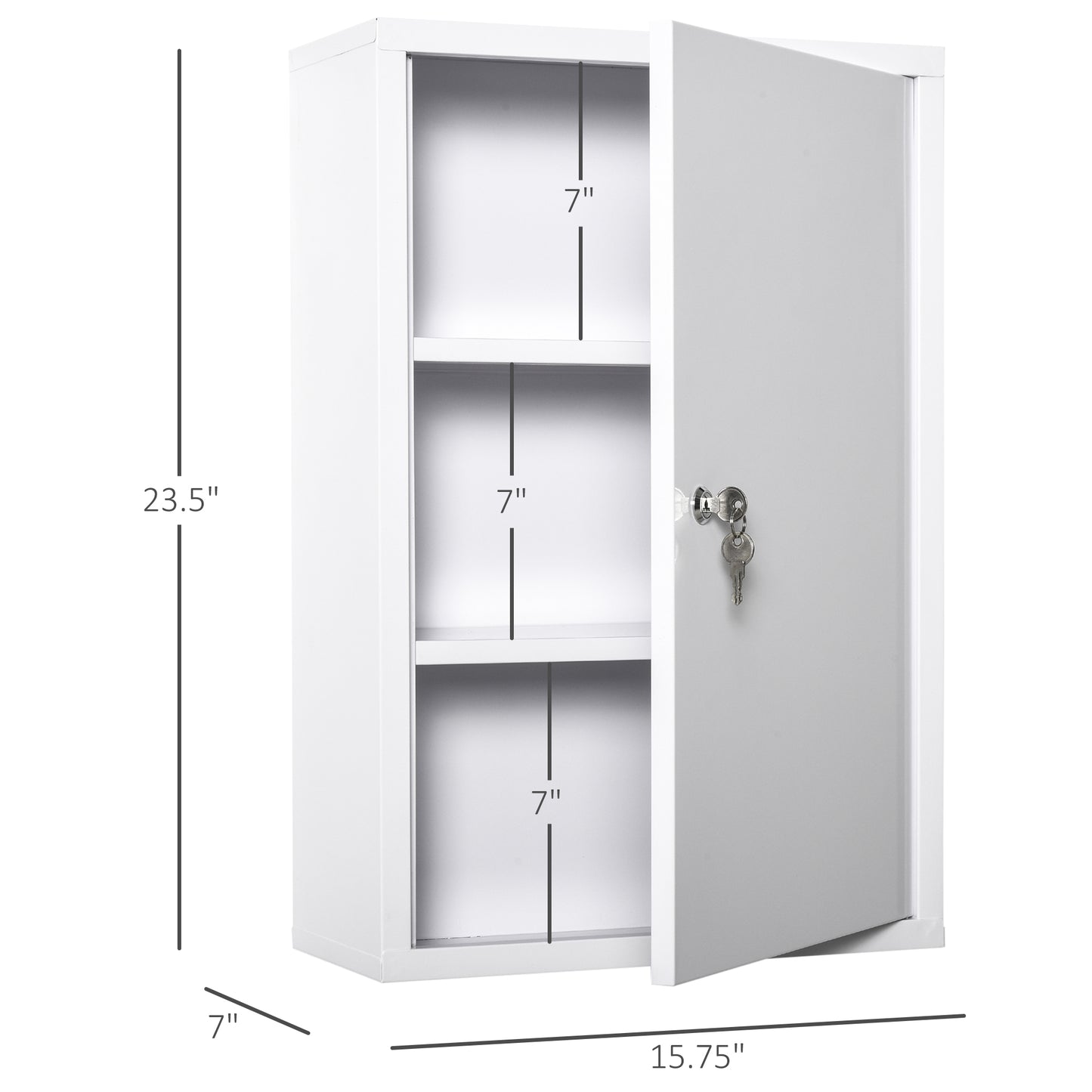 White metal wall cabinet with two adjustable shelves and a key lock mechanism