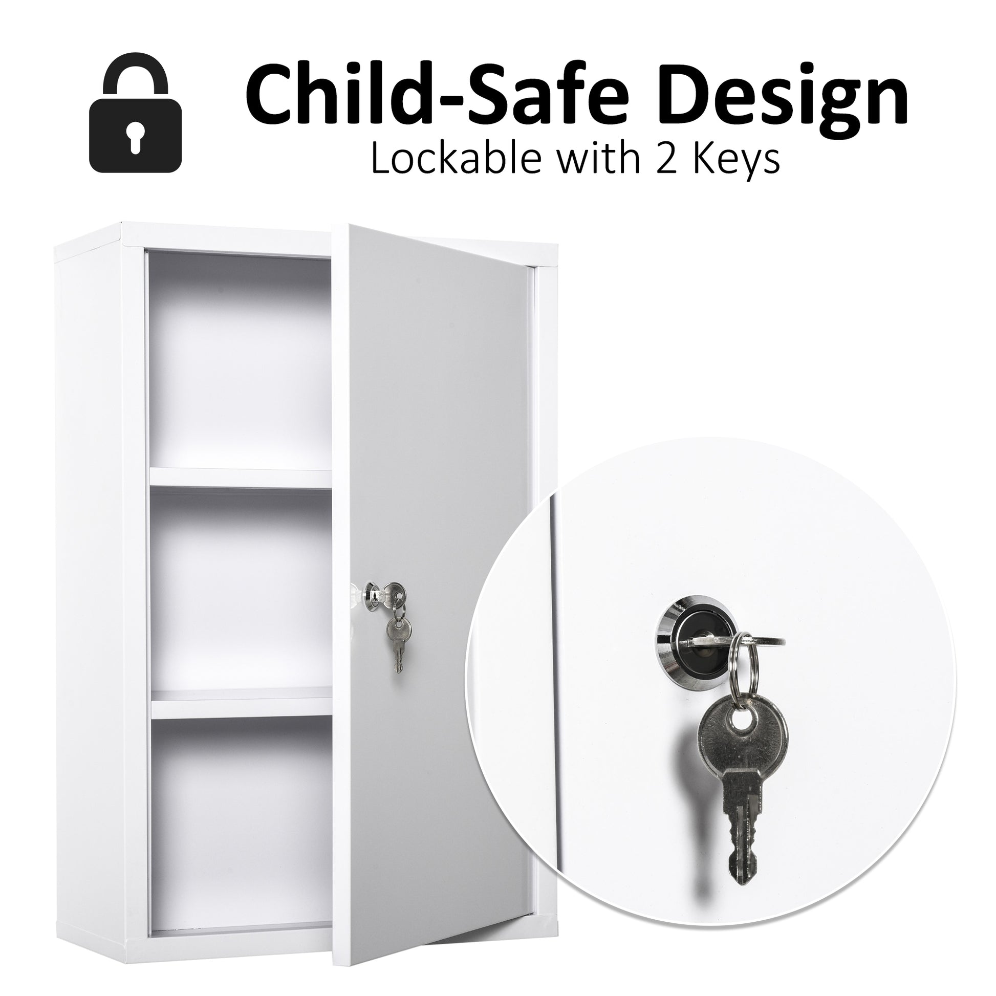 White metal medicine cabinet with lockable door and two keys