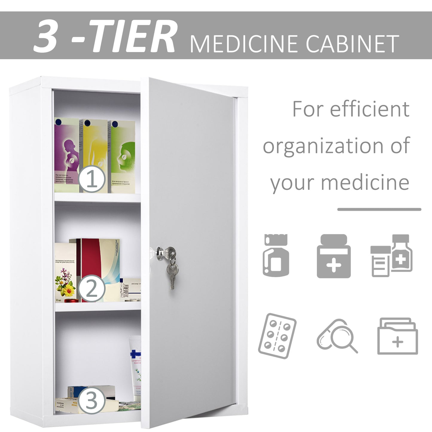 White tier medicine cabinet with key lock storing medicine boxes and bottles