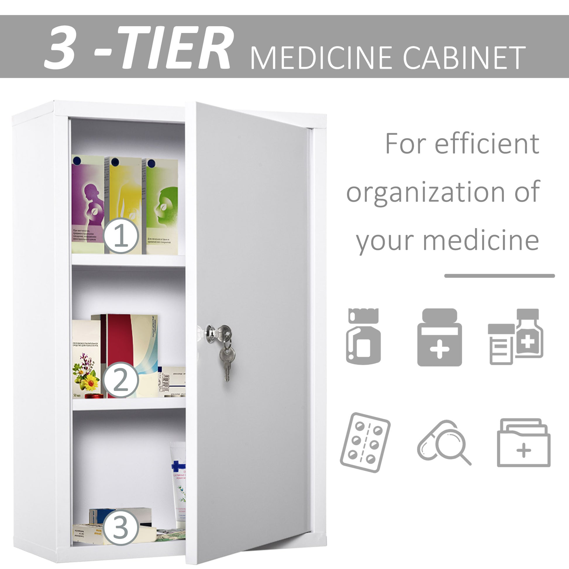 White tier medicine cabinet with key lock storing medicine boxes and bottles