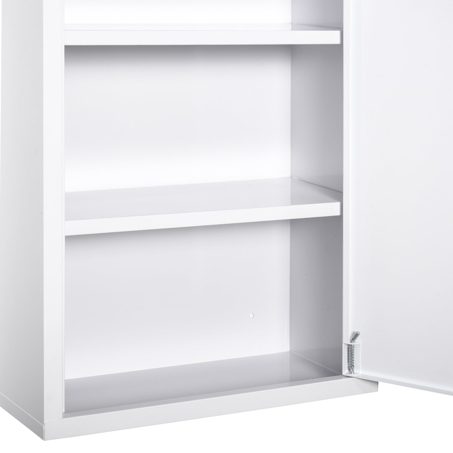 White metal medical cabinet interior with two shelves for storage