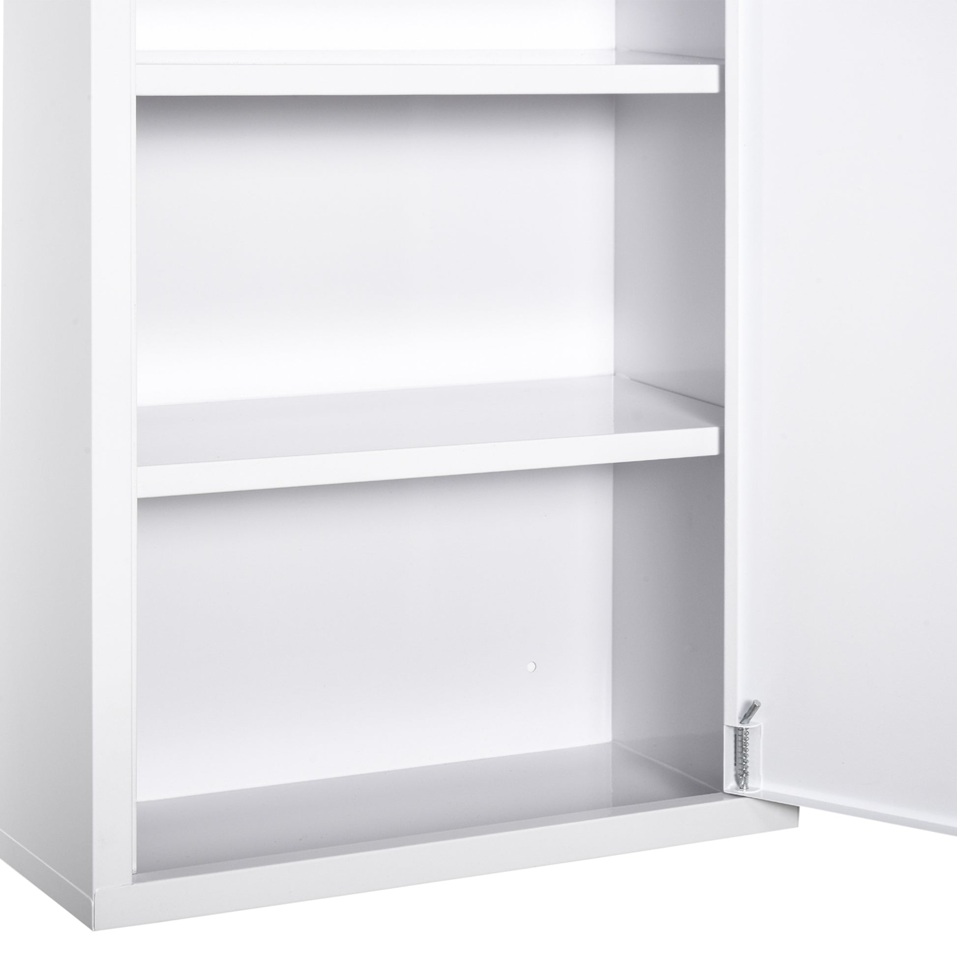 White metal medical cabinet interior with two shelves for storage