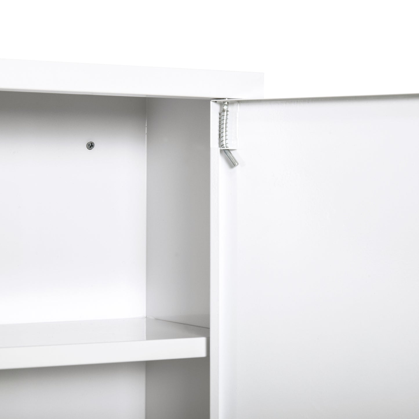 White metal cabinet interior with visible shelf and hinge mechanism