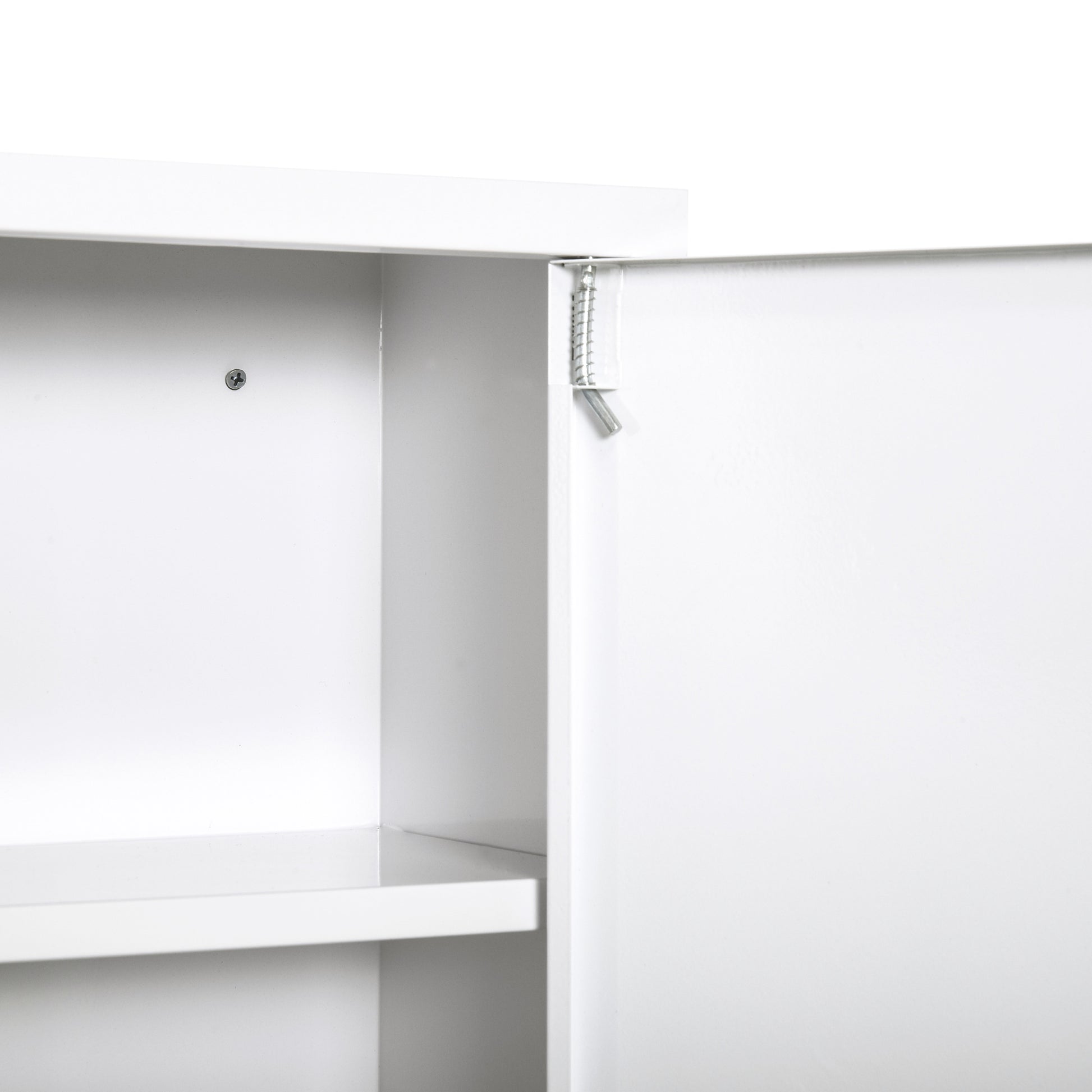 White metal cabinet interior with visible shelf and hinge mechanism