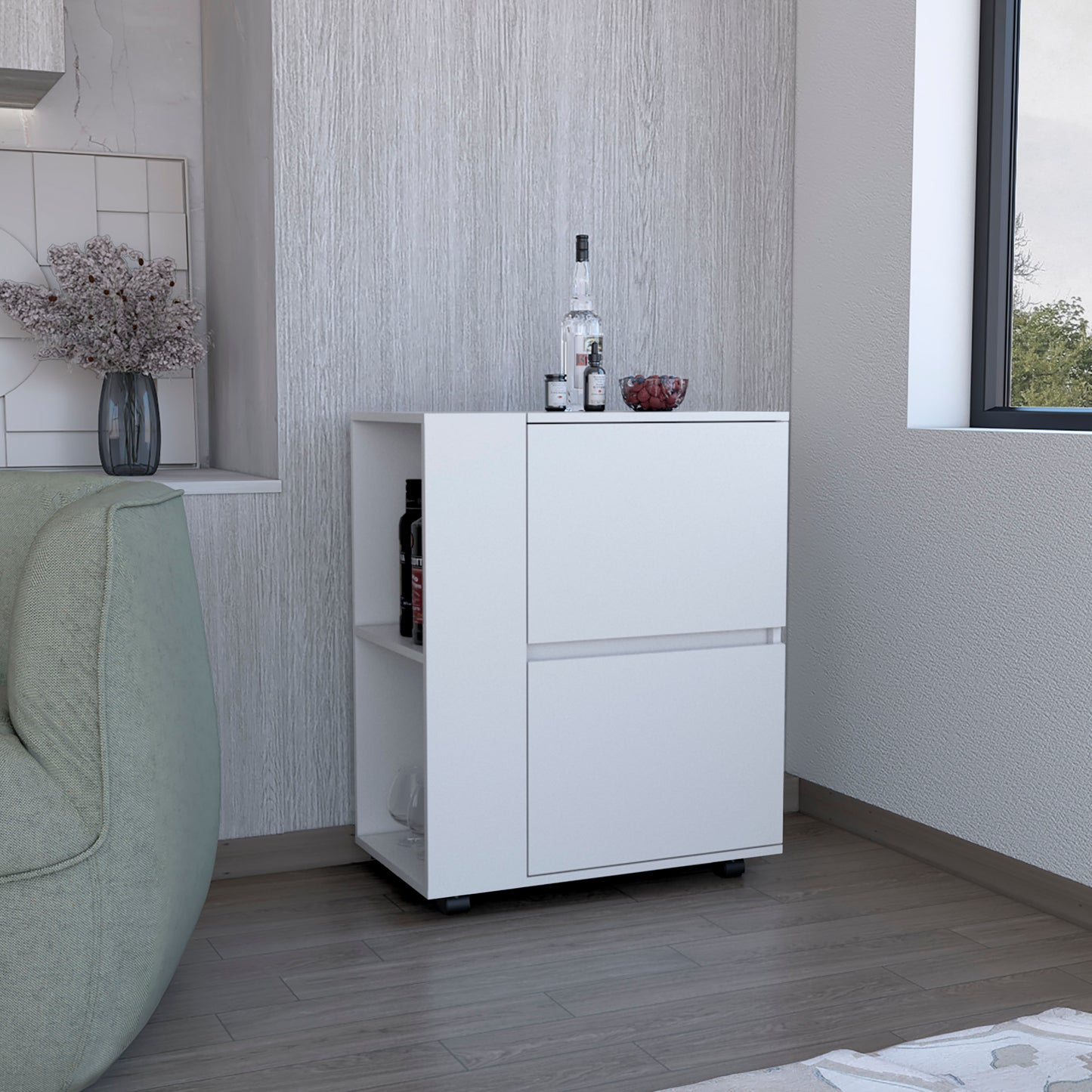 White modern bar cart with two drawers and open shelving holding bottles and glassware
