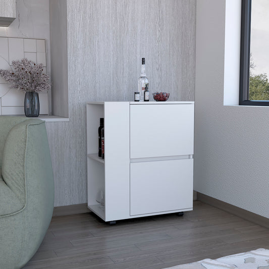 White modern bar cart with two drawers and open shelving holding bottles and glassware