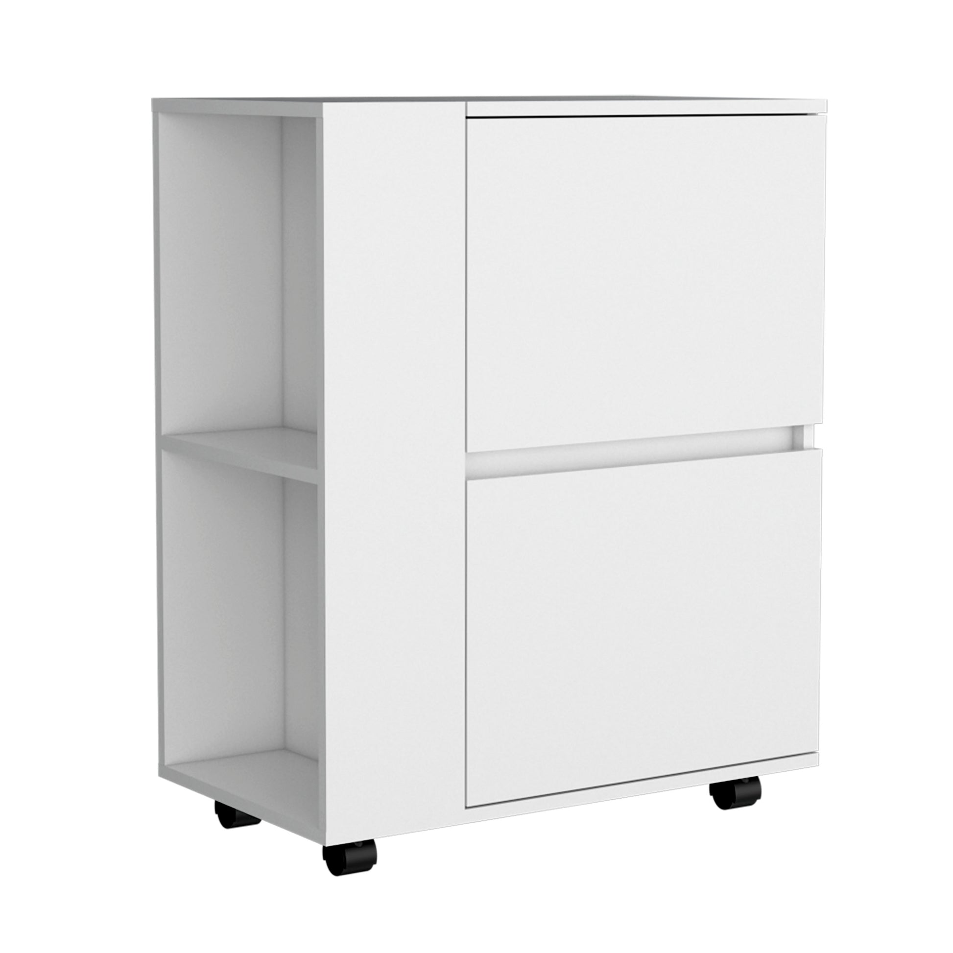 White mobile filing cabinet with two drawers and open shelving