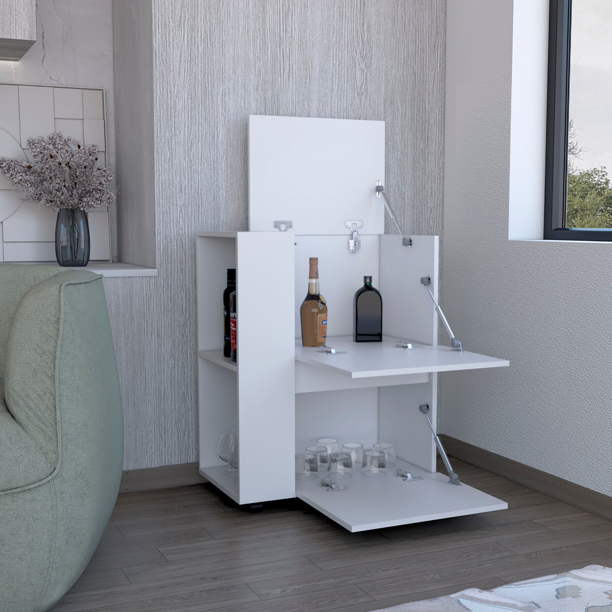 Compact white bar cabinet with flipdown shelves and compartments for bottles and glassware