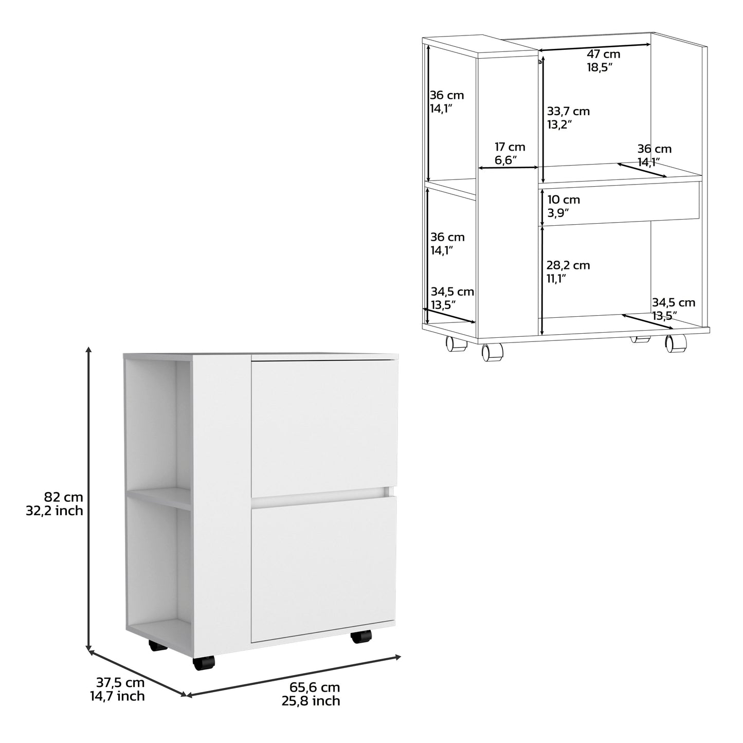 White rolling storage cart with two drawers and open shelf