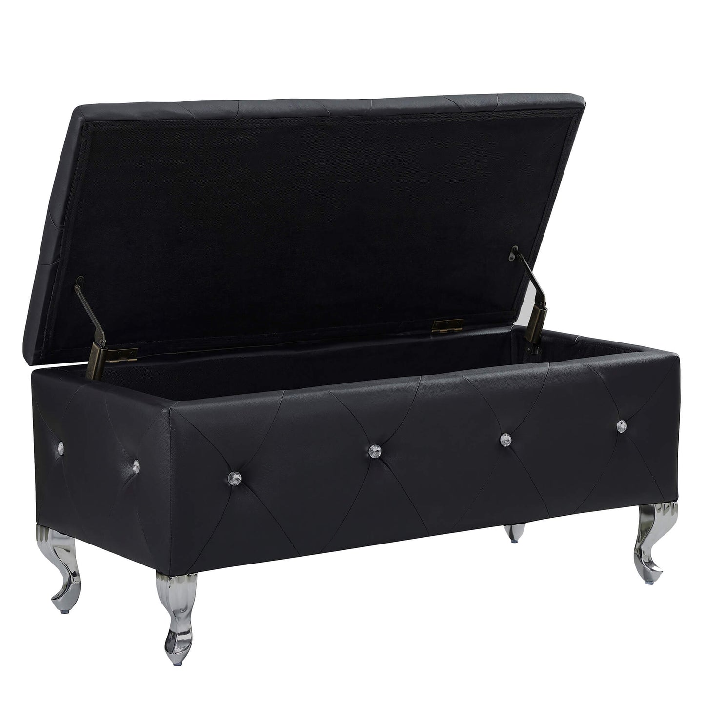 Black tufted storage ottoman with crystal accents and silver legs