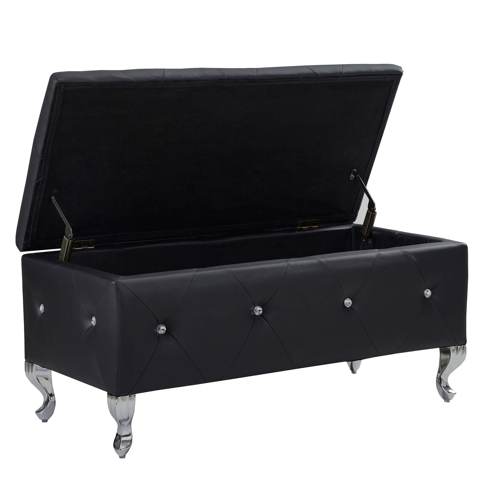 Black tufted storage ottoman with crystal accents and silver legs