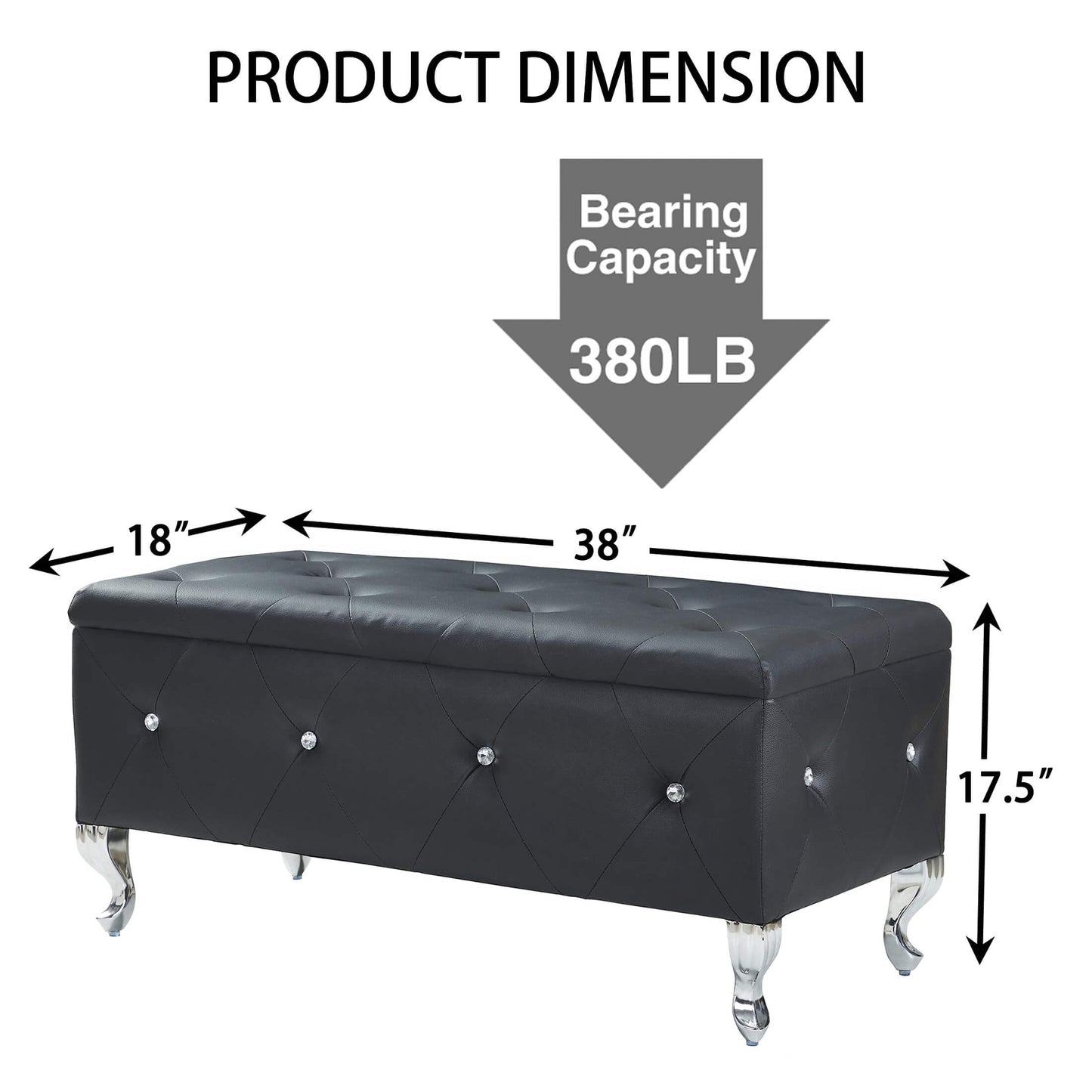 Black tufted faux leather storage ottoman with crystal accents and silver legs