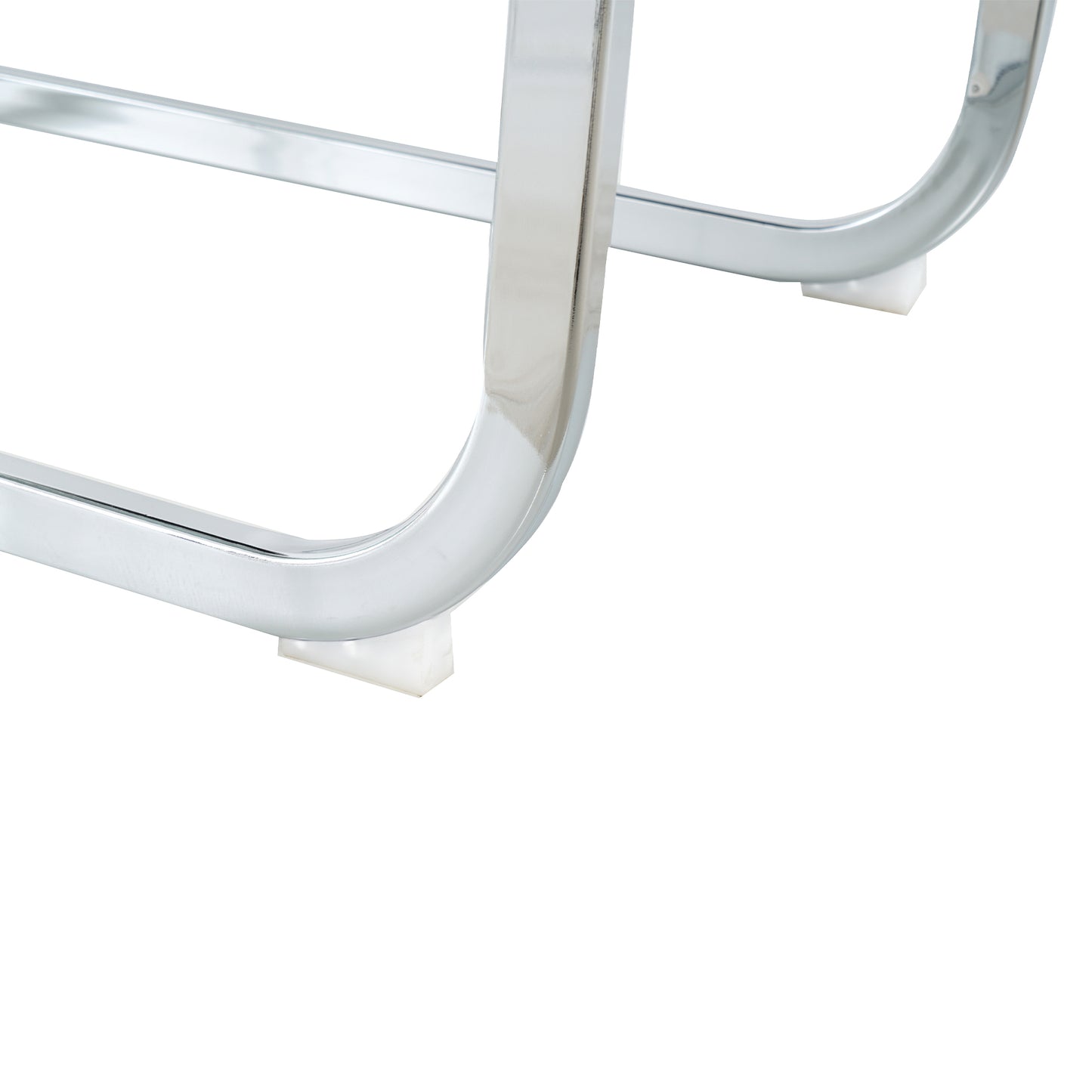 Closeup of polished chrome legs with white protective feet