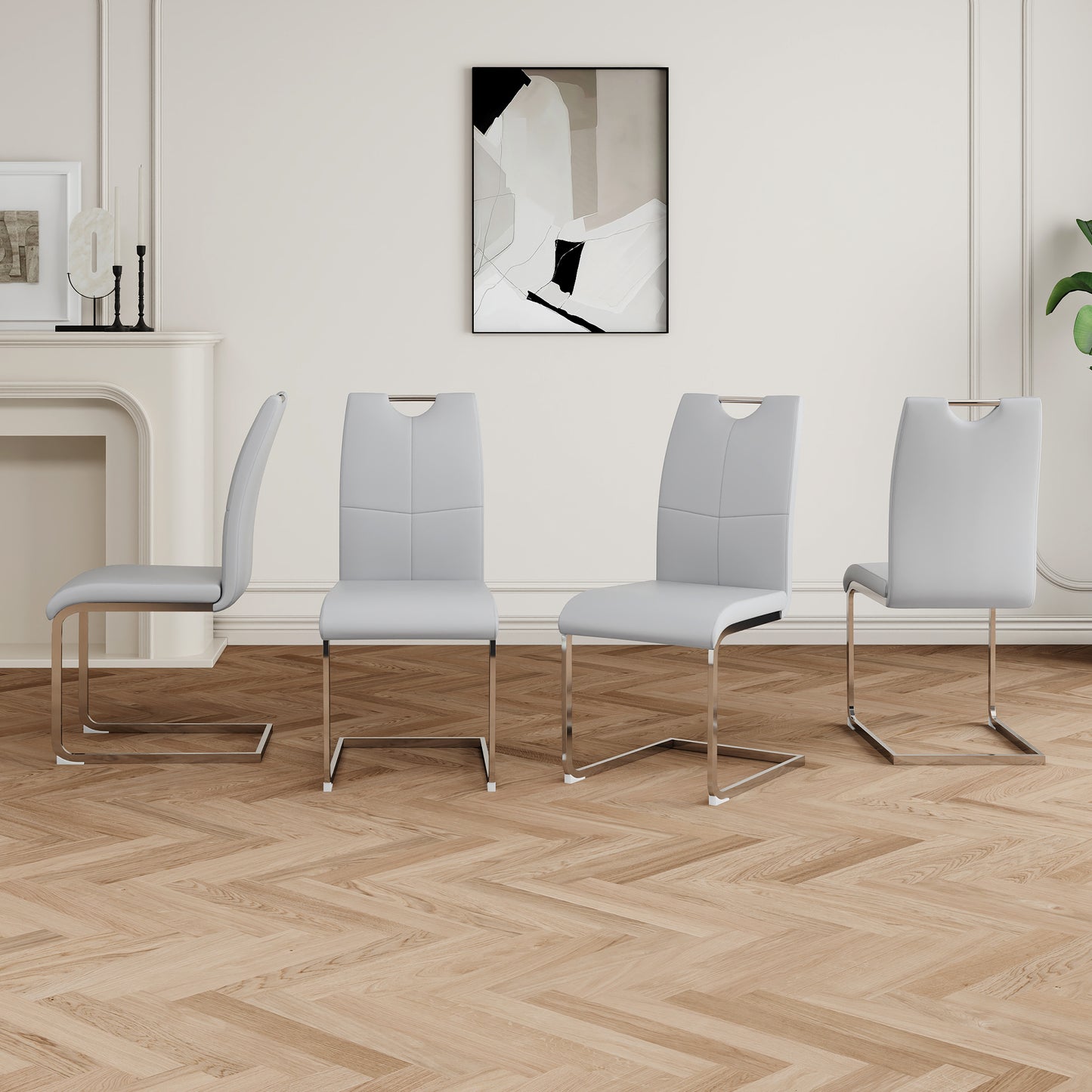 Light gray faux leather dining chair with chrome sled base