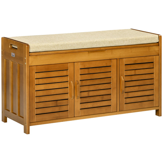 Bamboo entryway bench with slatted doors and a cream cushion