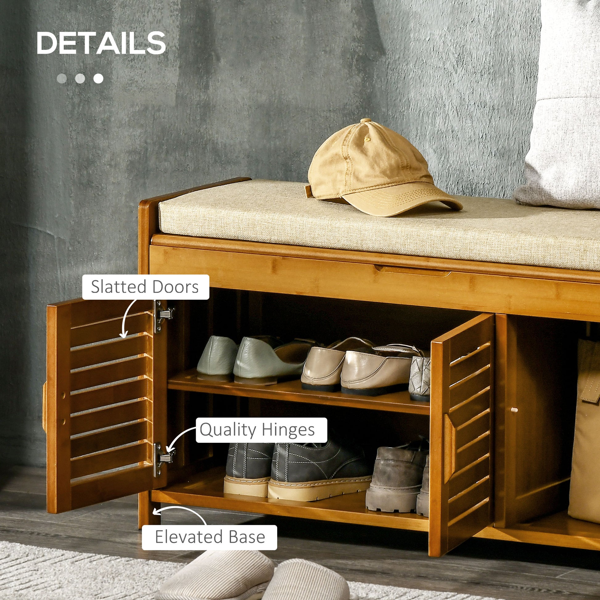 Bamboo shoe cabinet with slatted doors beige upholstered seat and multiple shelves storing various shoes