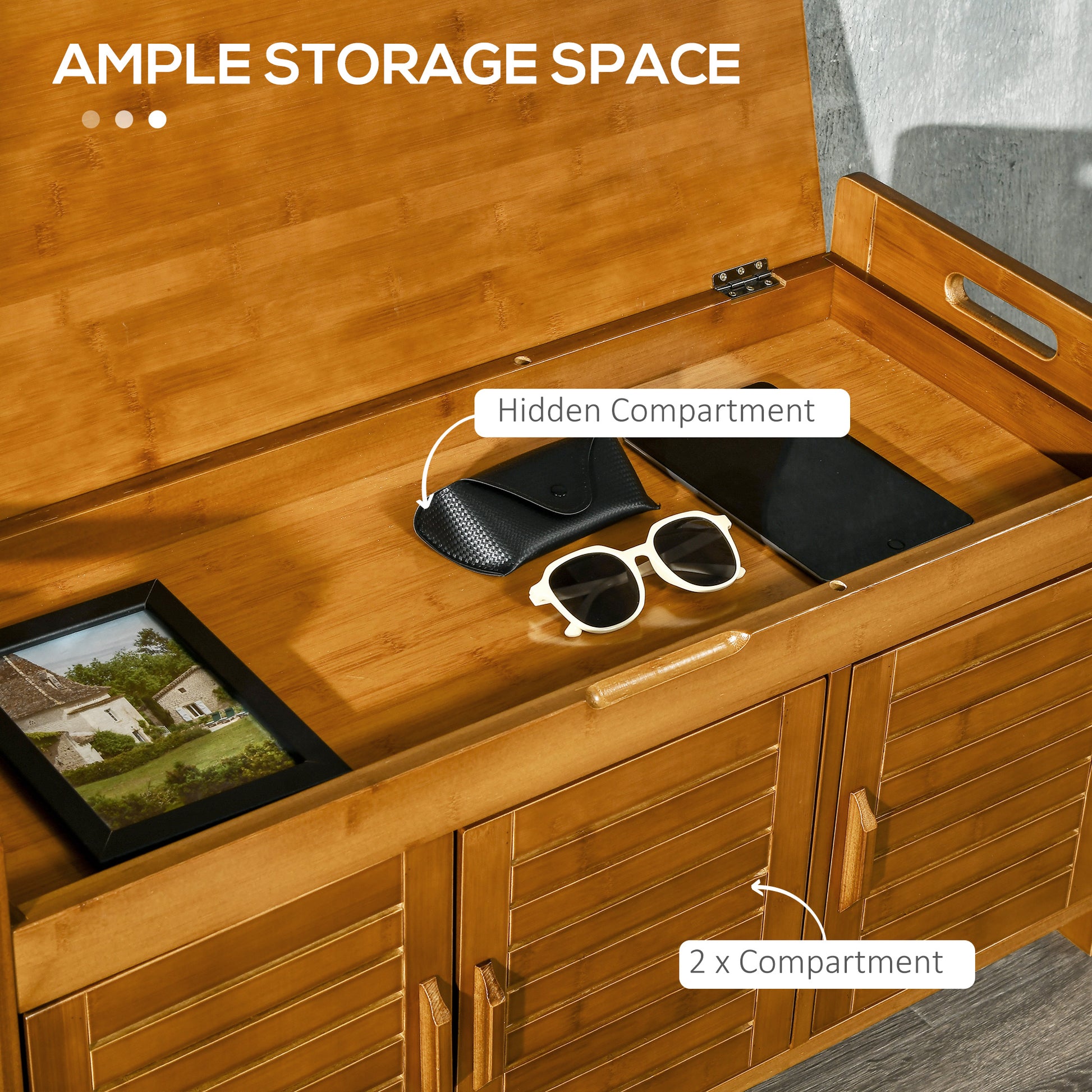 Bamboo storage bench with hidden compartment open lid showing sunglasses and phone