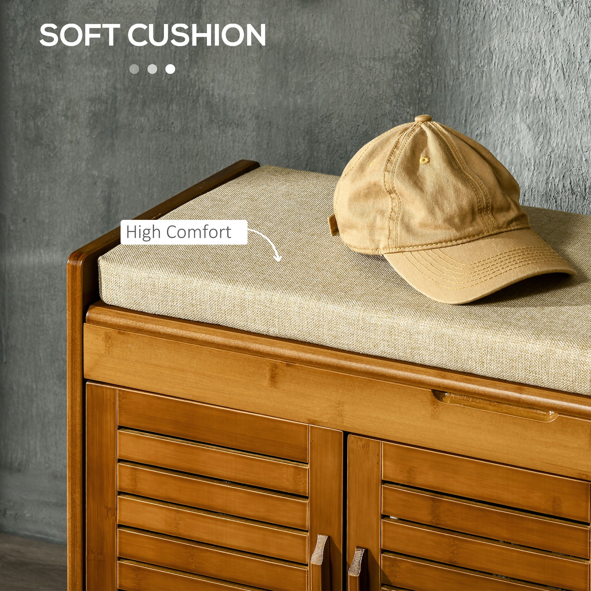 Bamboo shoe cabinet with cushioned seating and slatted doors